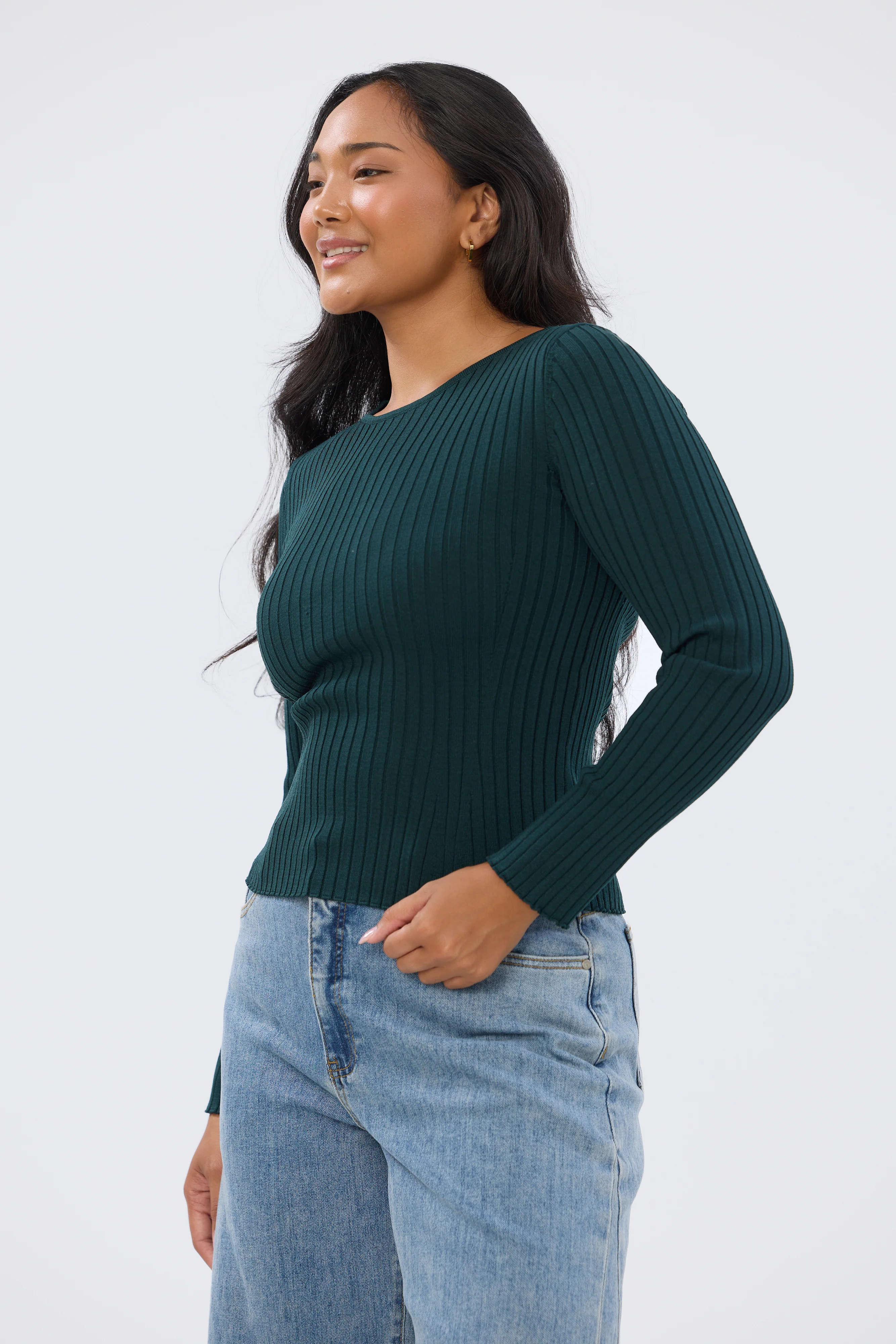 Long Sleeve Boat Neck Knit Top - Emerald - Image 3