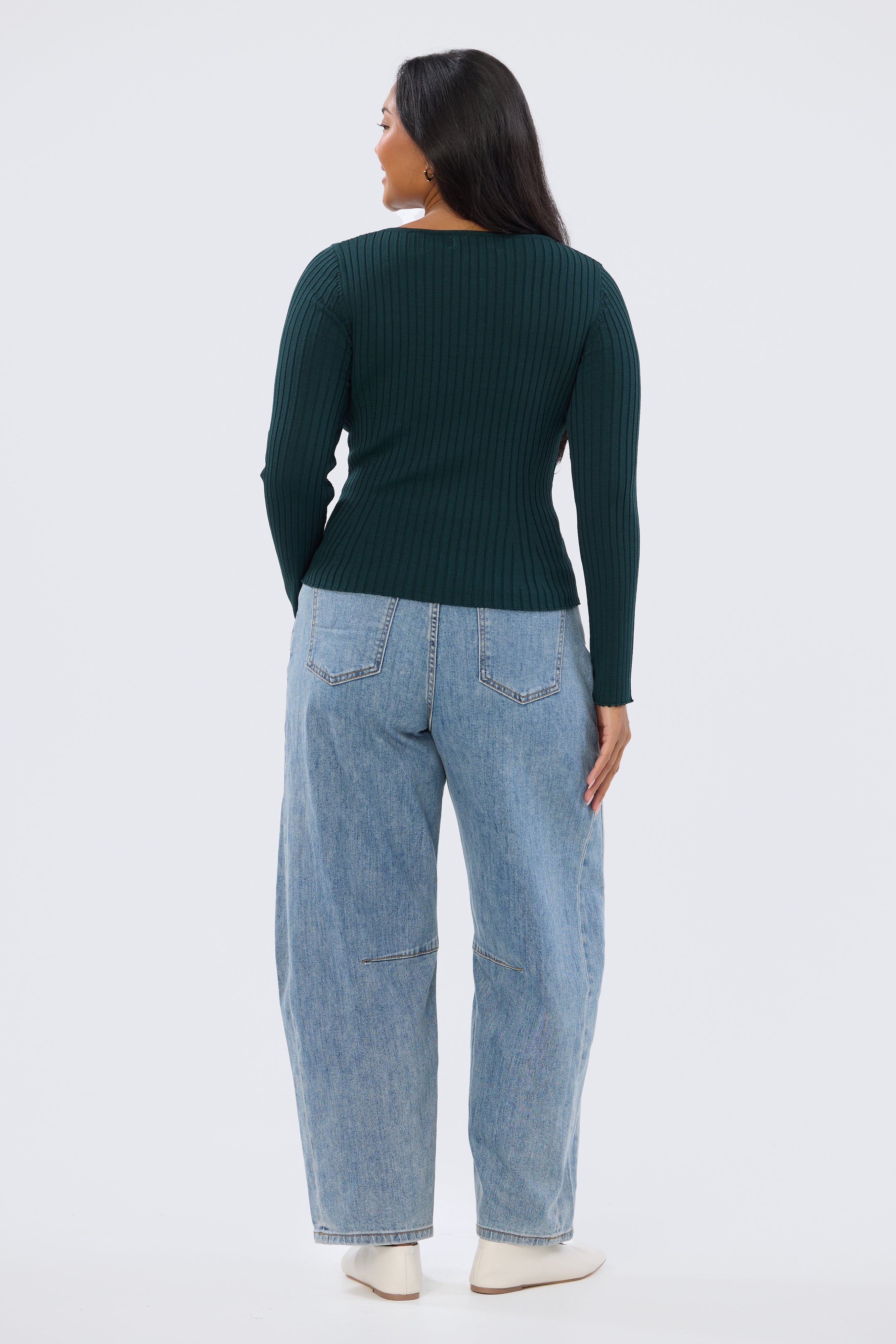 Long Sleeve Boat Neck Knit Top - Emerald - Image 4