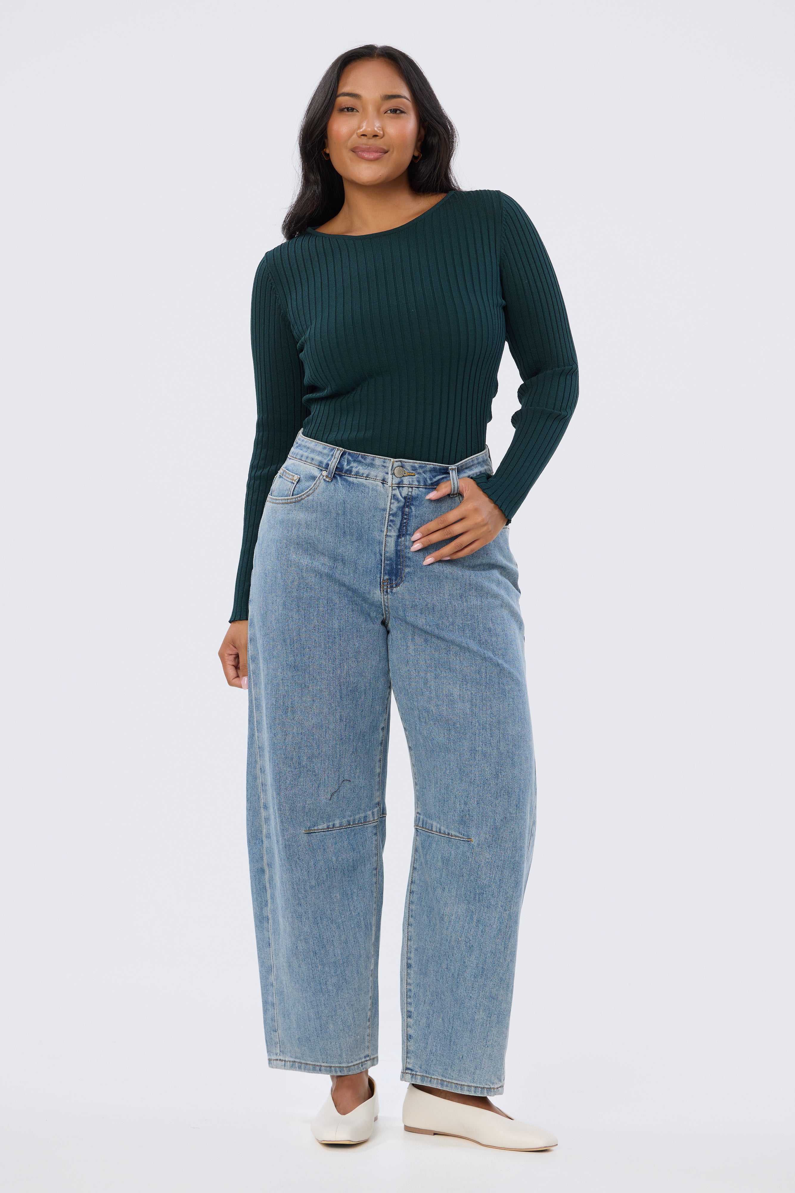 Long Sleeve Boat Neck Knit Top - Emerald - Image 5