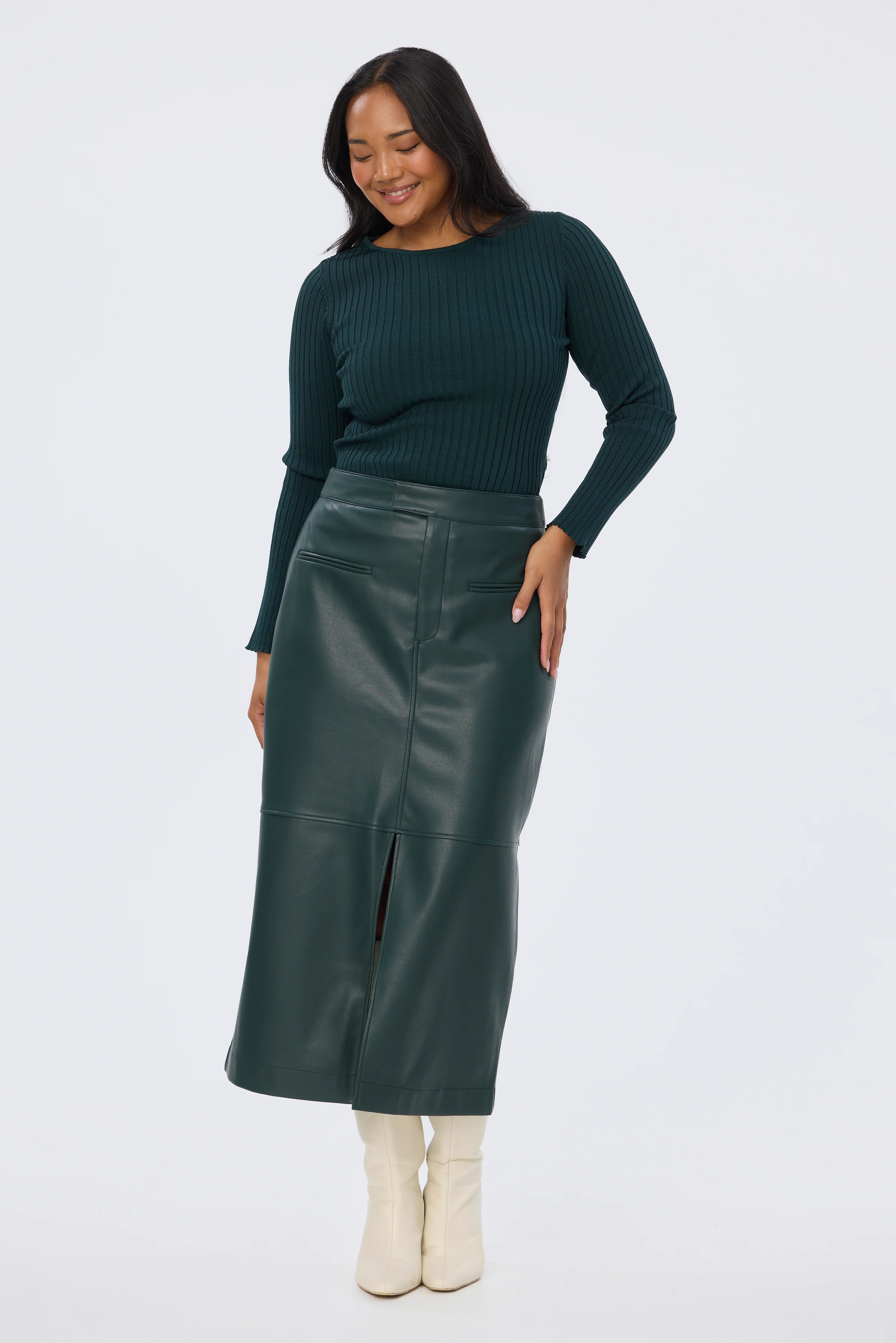 Long Sleeve Boat Neck Knit Top - Emerald - Image 6