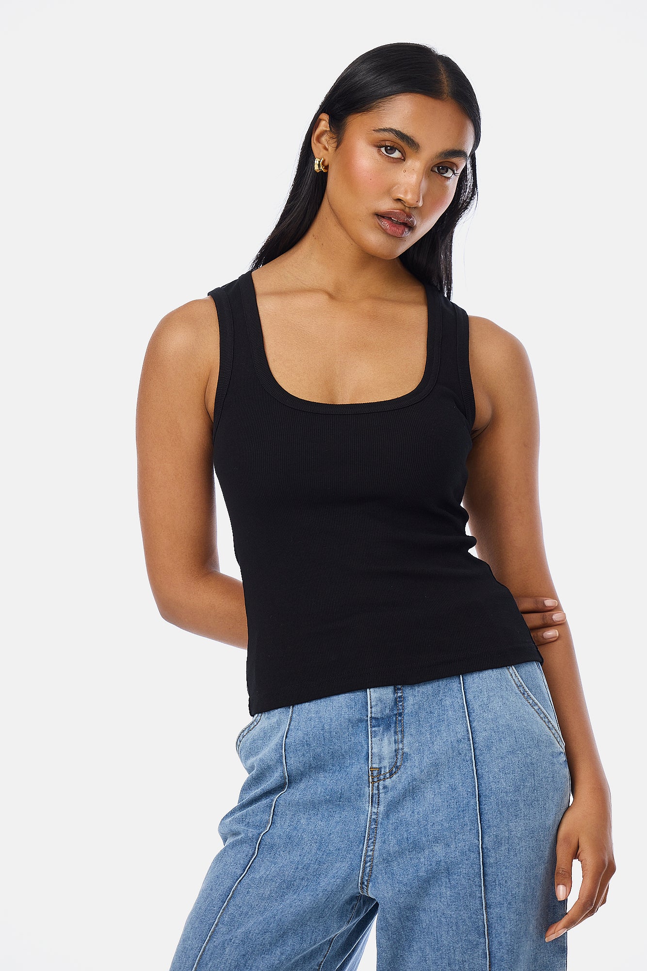 Scoop Neck Ribbed Tank - Black - Image 3