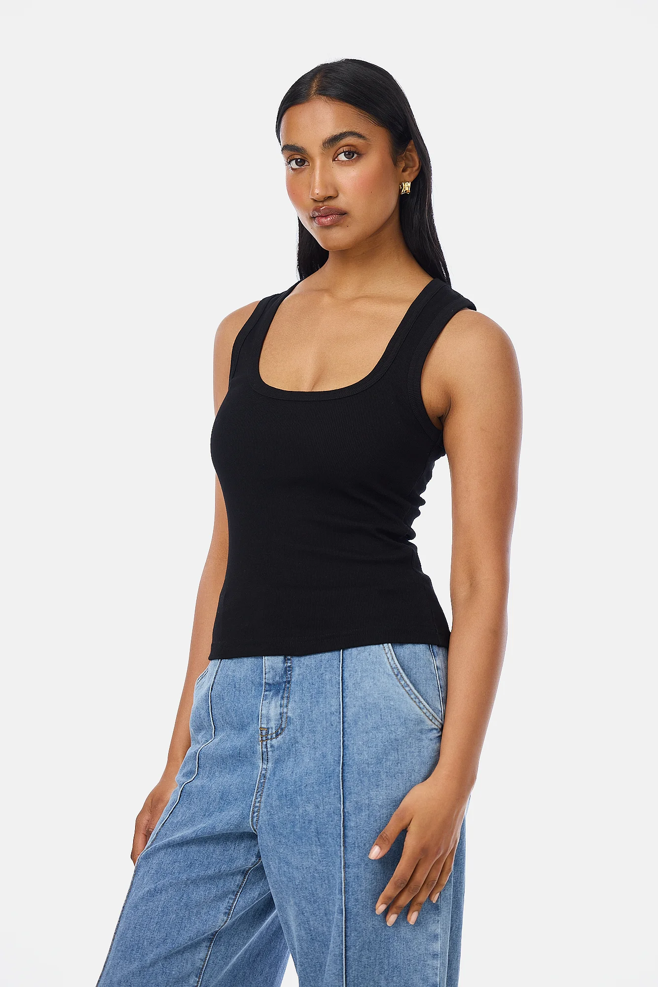 Scoop Neck Ribbed Tank - Black - Image 5