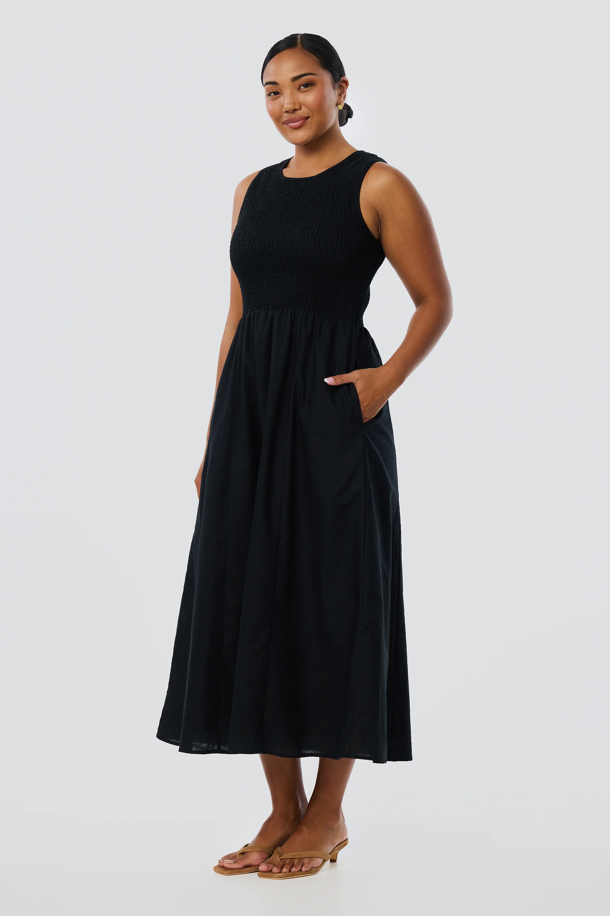 Shirred Midi Dress - Black - Image 4