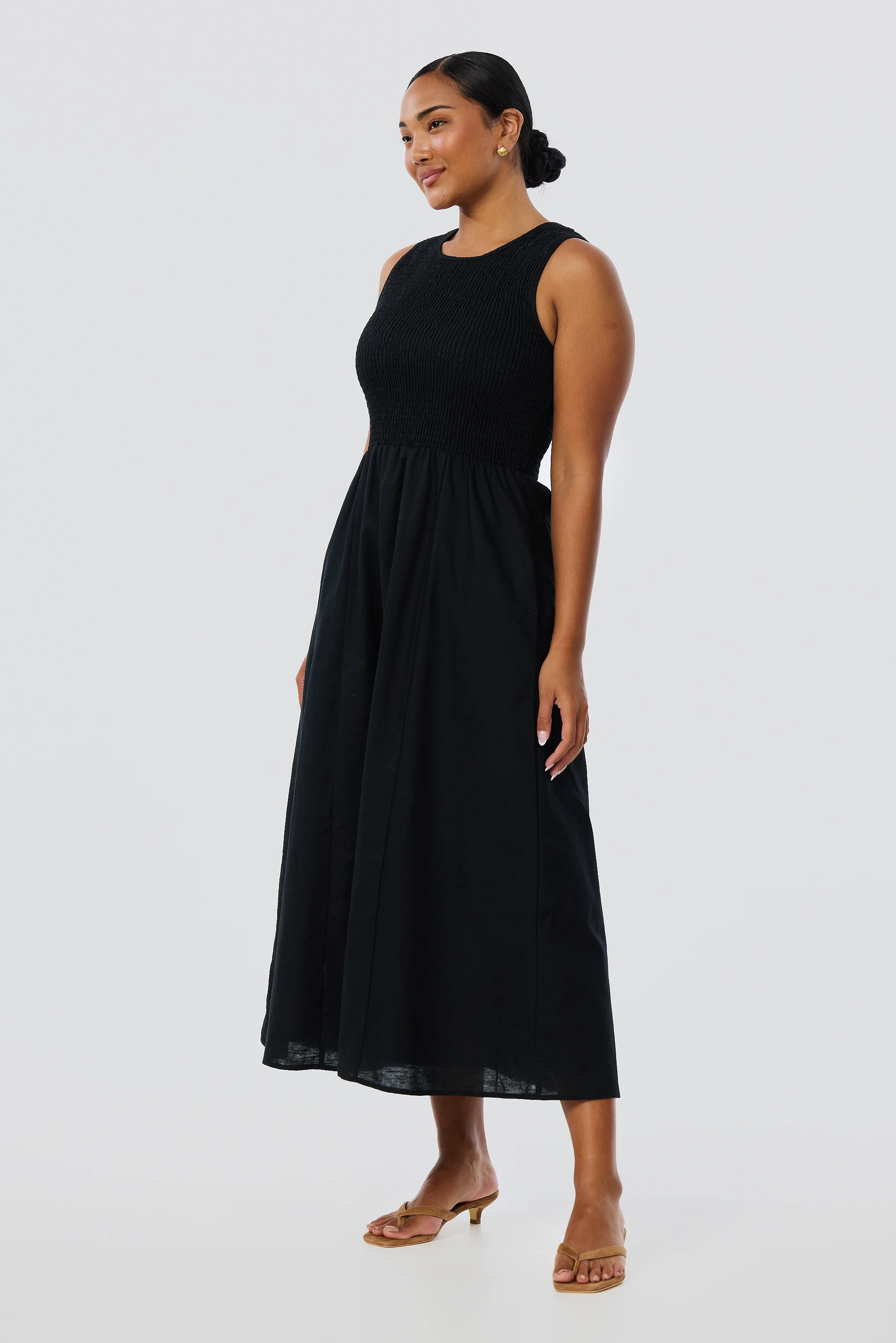 Shirred Midi Dress - Black - Image 5