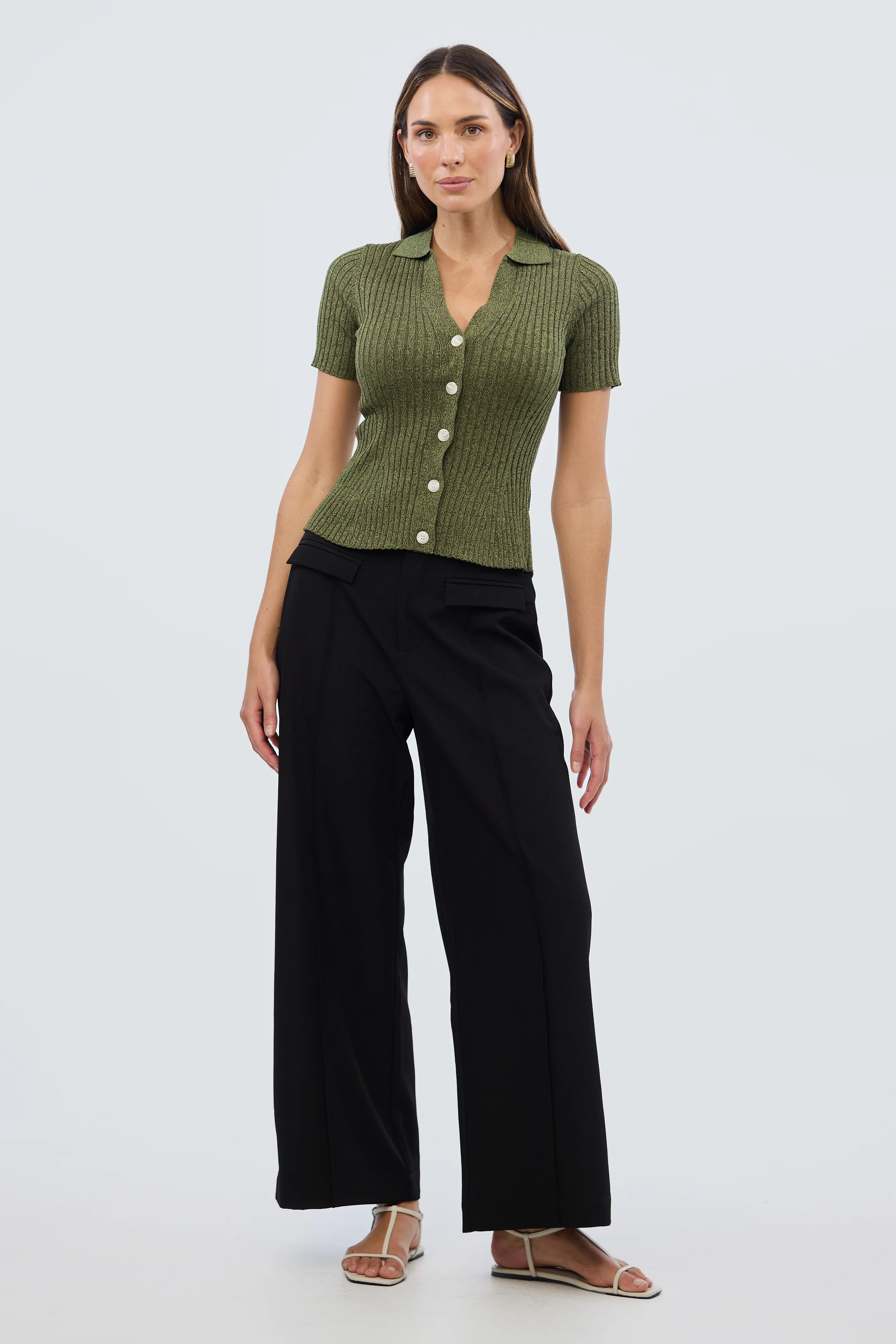 Short Sleeve Button Knit Top - Khaki Marl - Image 3