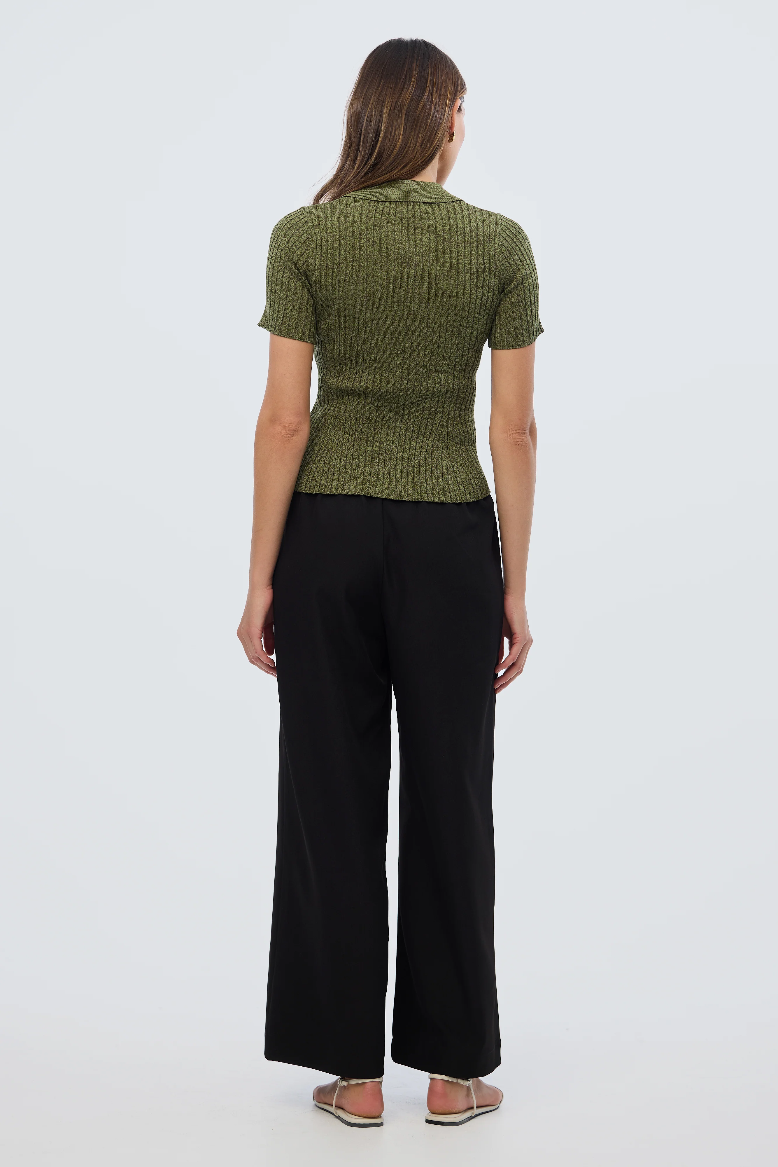 Short Sleeve Button Knit Top - Khaki Marl - Image 5