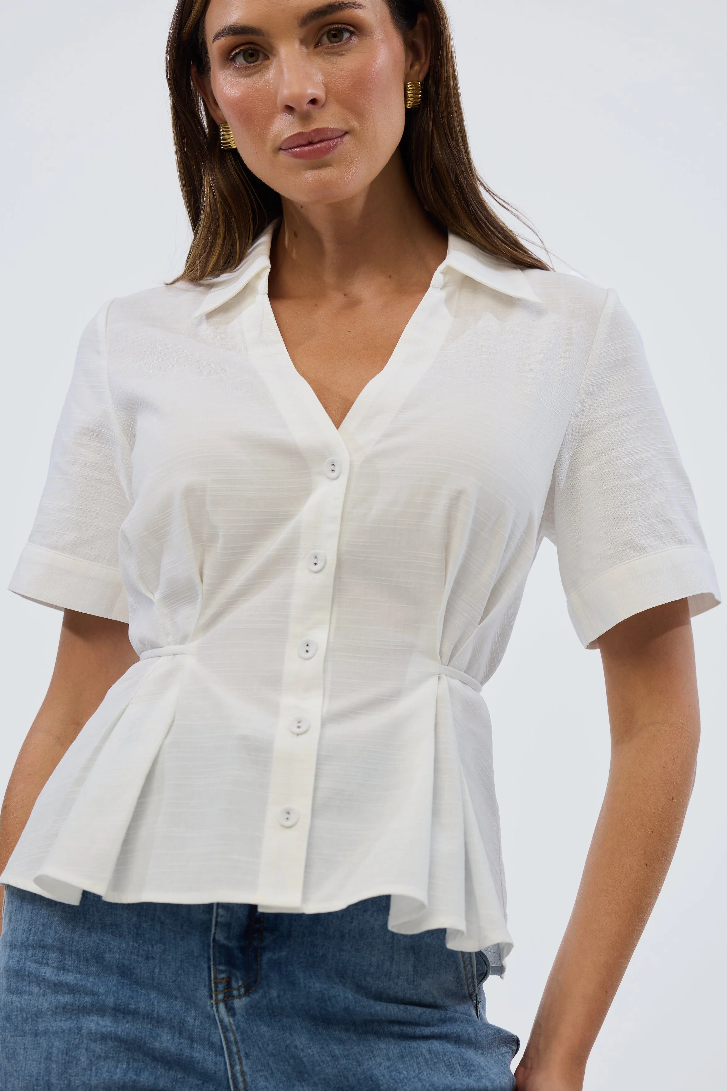 Short Sleeve Pintuck Shirt - White