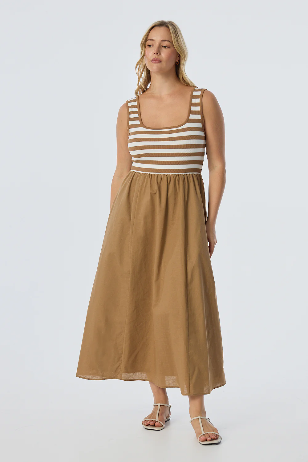 Square Neck Gathered Dress - Biscotti/White Stripe