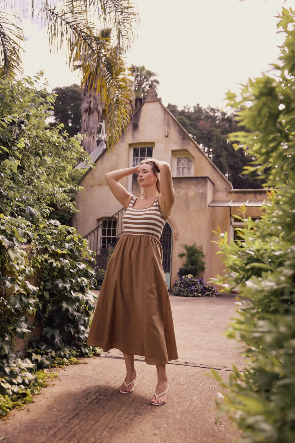 Square Neck Gathered Dress - Biscotti/White Stripe - Image 2