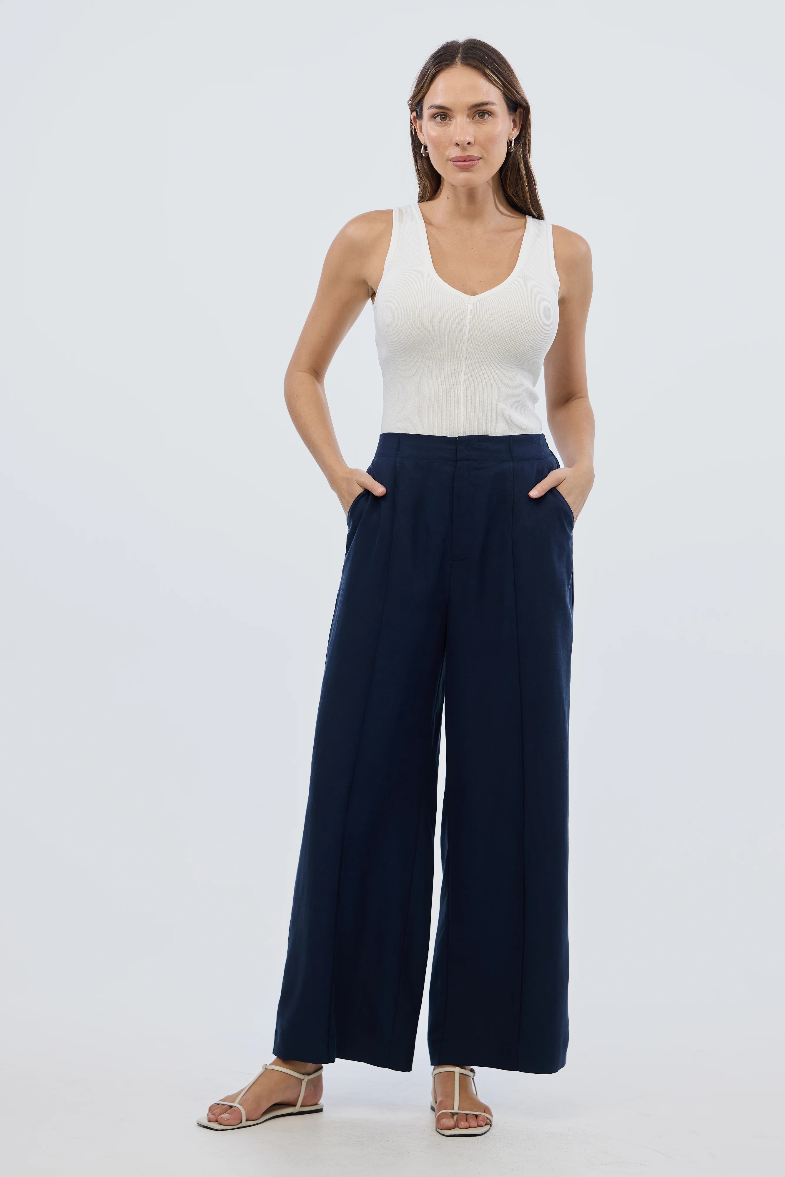 Tailored Pintuck Pants - Navy - Image 4