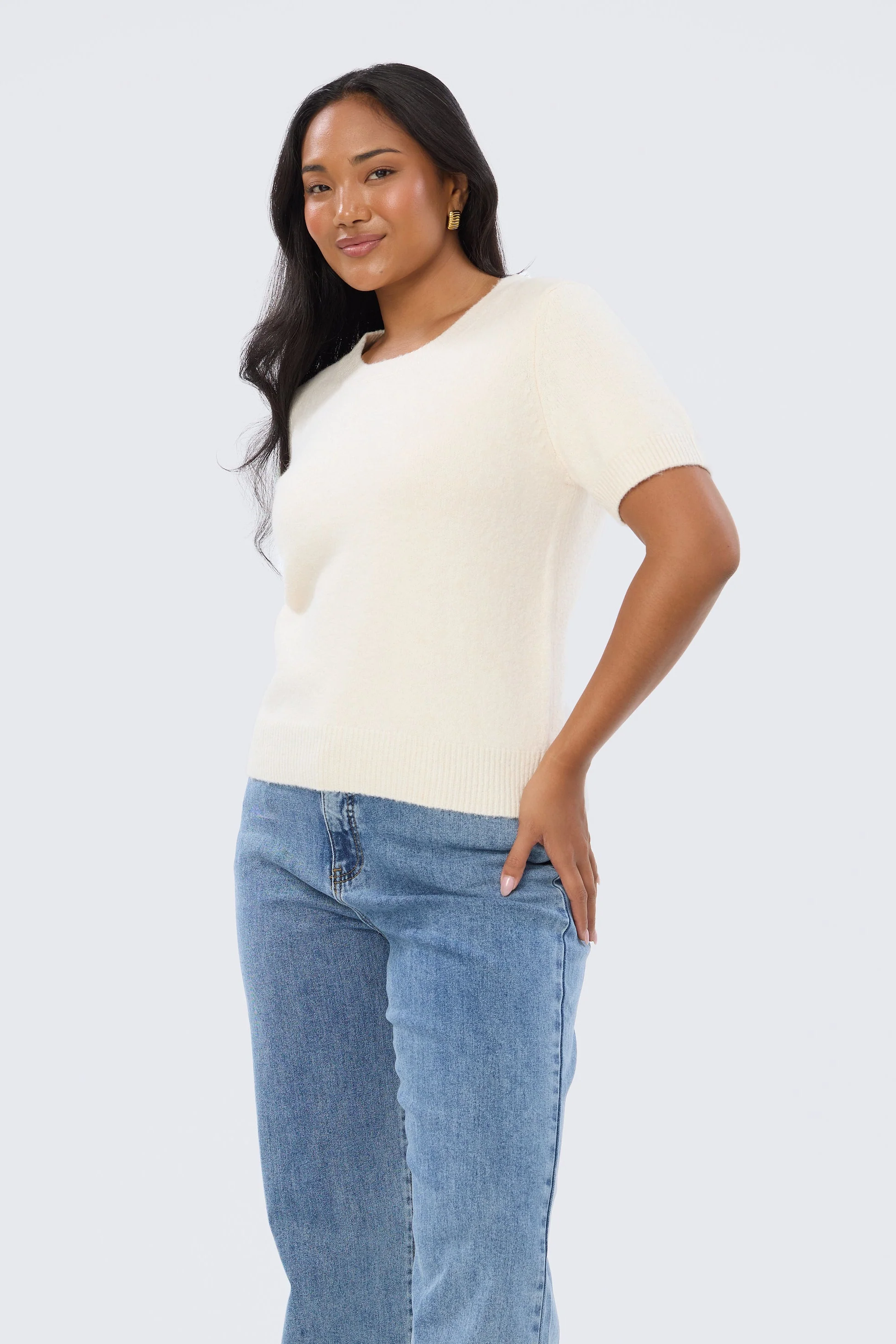 Textured Short Sleeve Knit Top - Ecru - Image 3