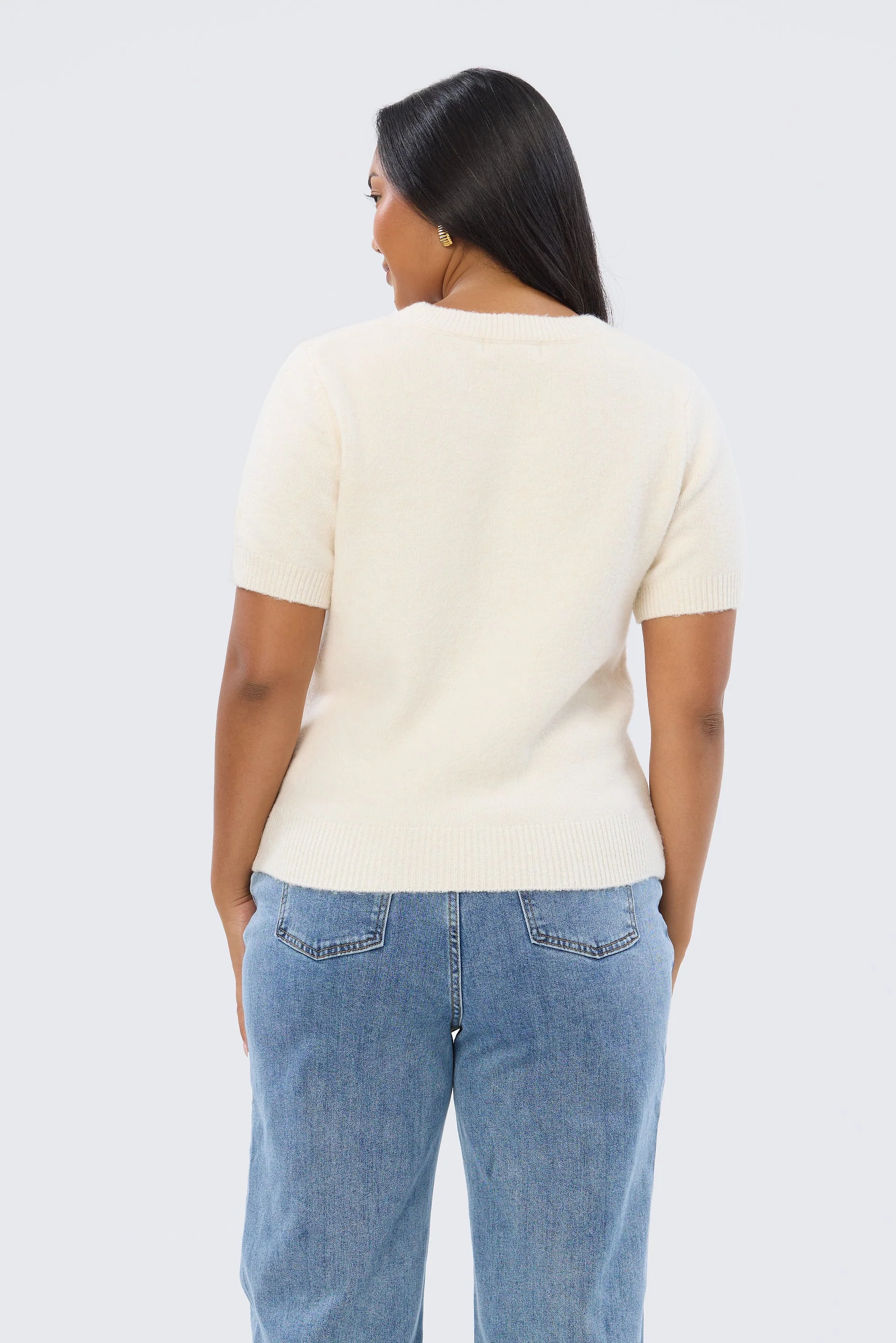Textured Short Sleeve Knit Top - Ecru - Image 4