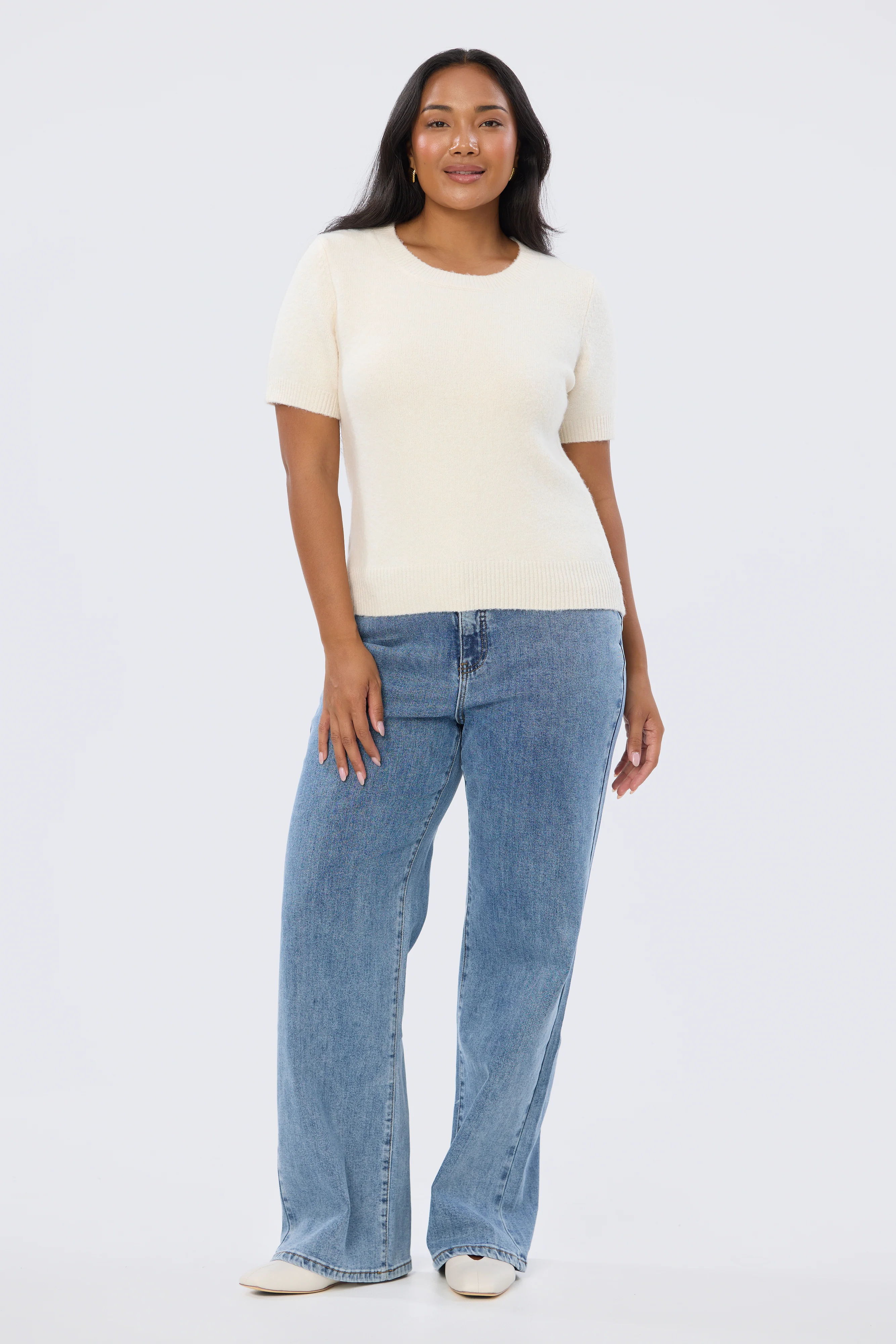 Textured Short Sleeve Knit Top - Ecru - Image 5