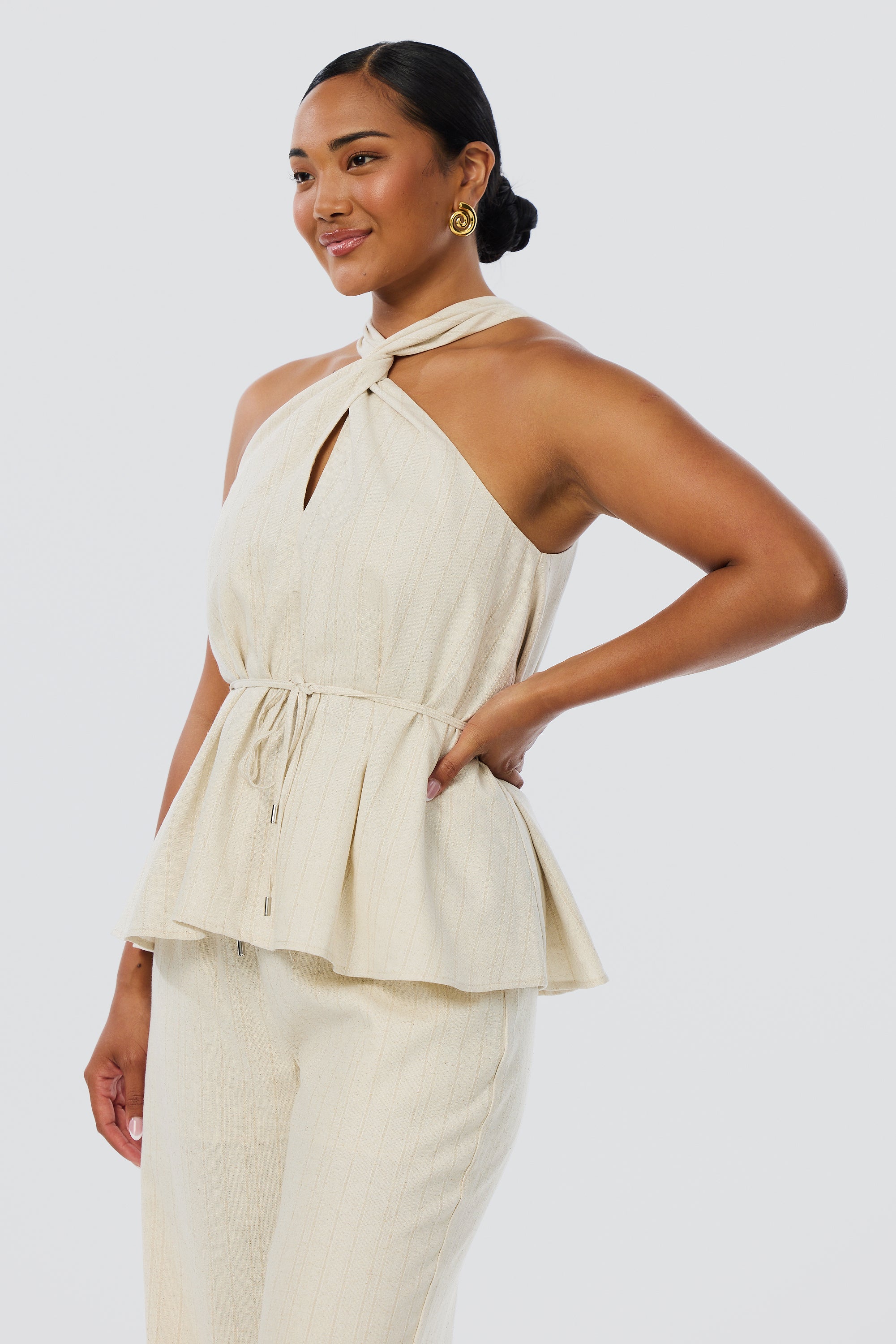 Twist Neck Halter Top - Oatmeal Stripe - Image 7