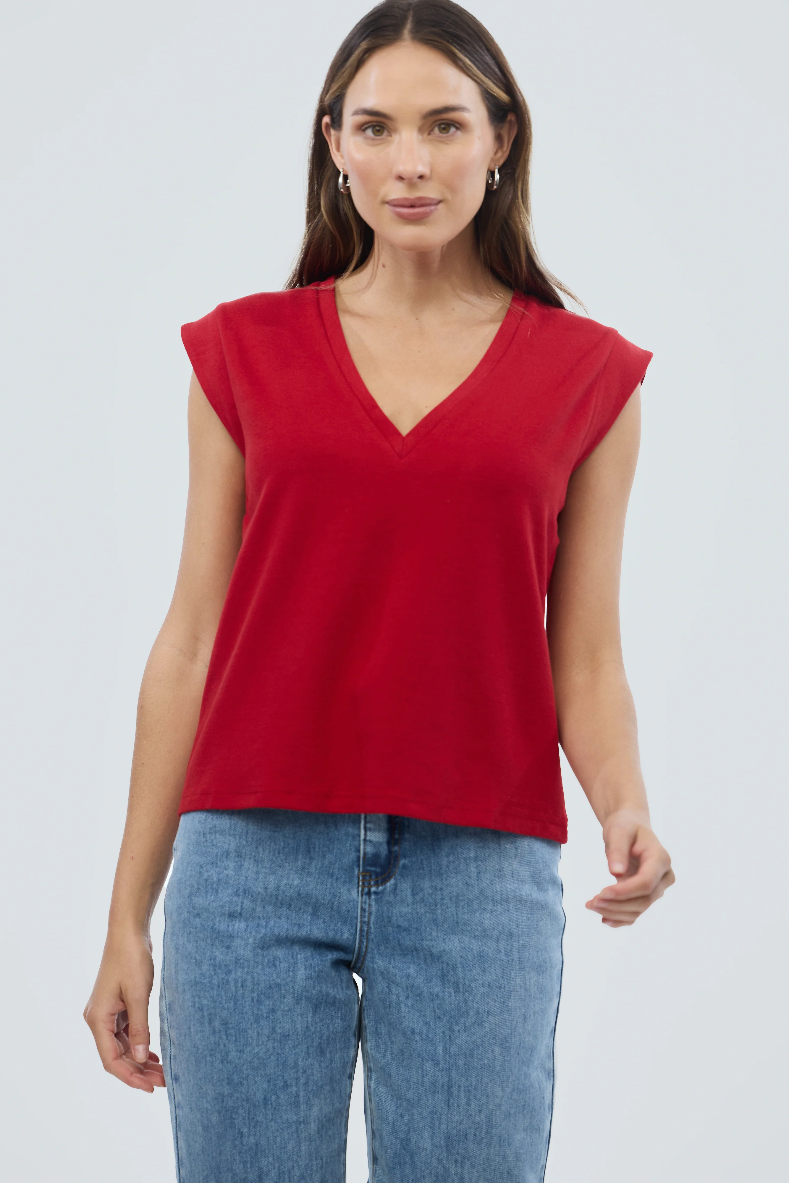 V Neck Cap Sleeve Jersey Tank - Dark Cherry - Image 3