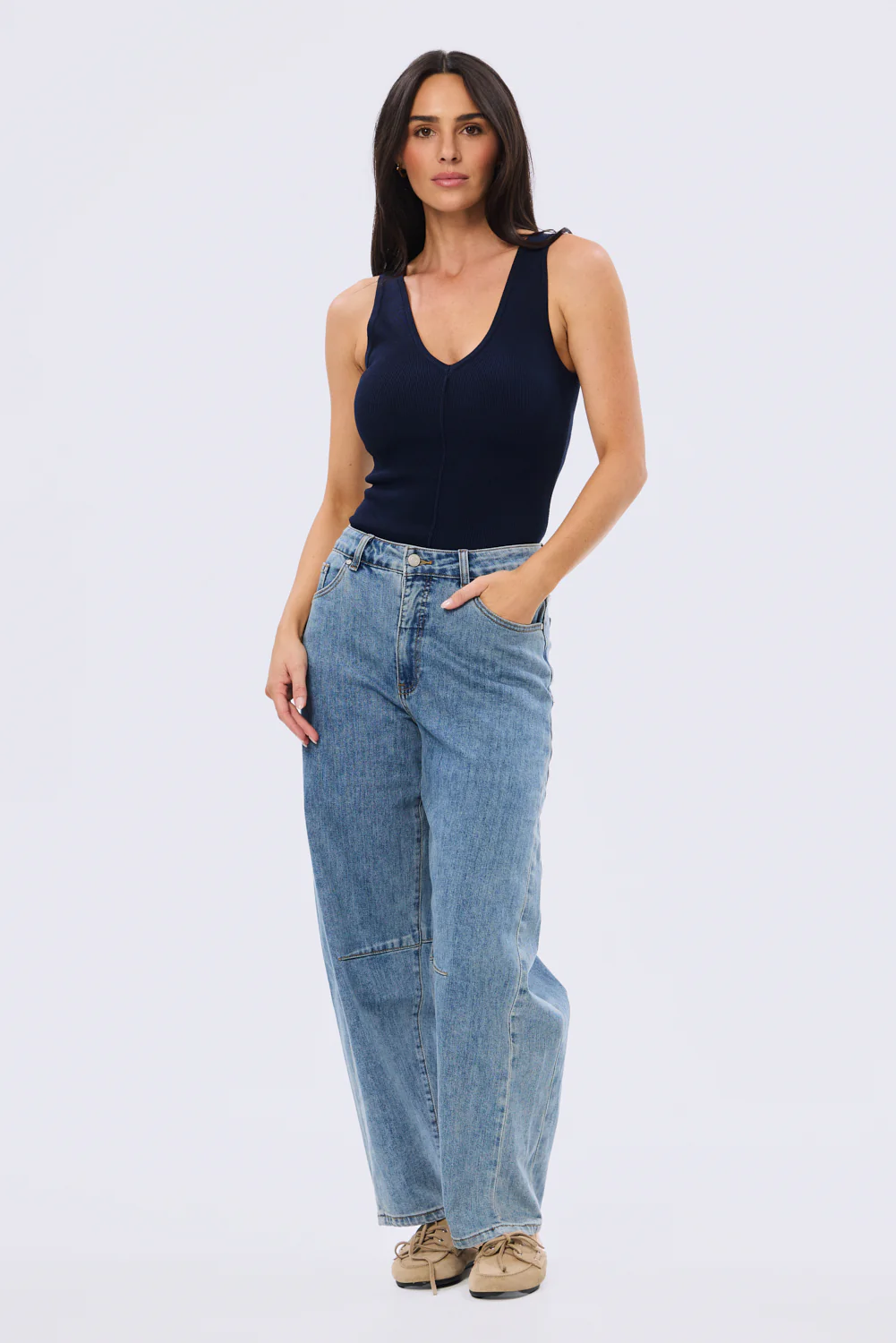 V-Neck Knit Tank - Navy - Image 5
