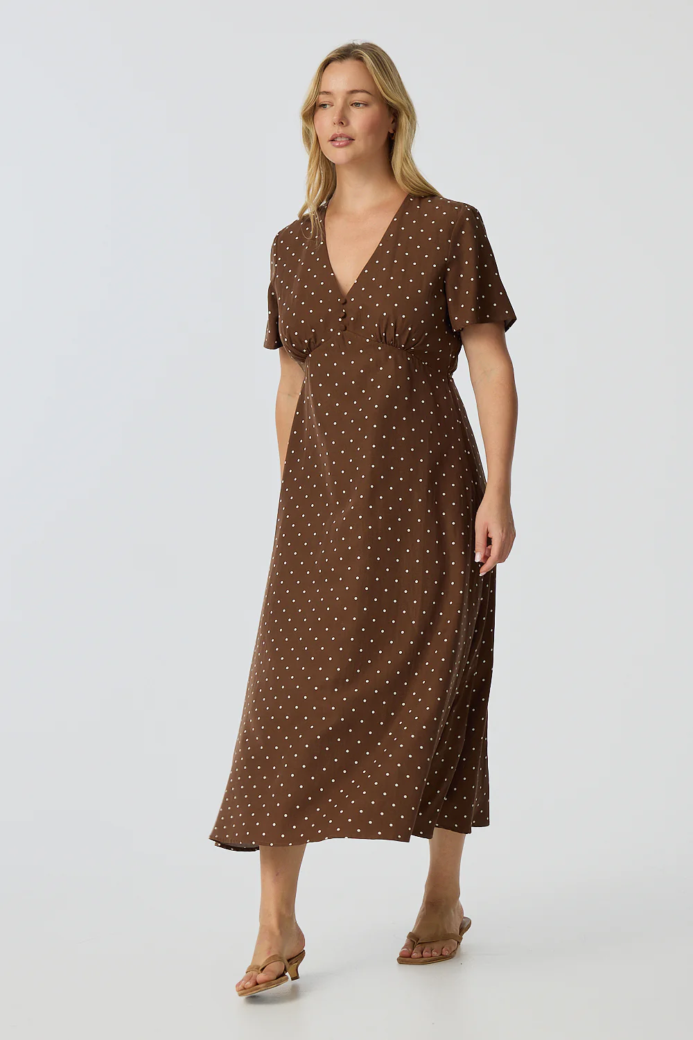 V Neck Short Sleeve Dress - Walnut/White Spot - Image 3