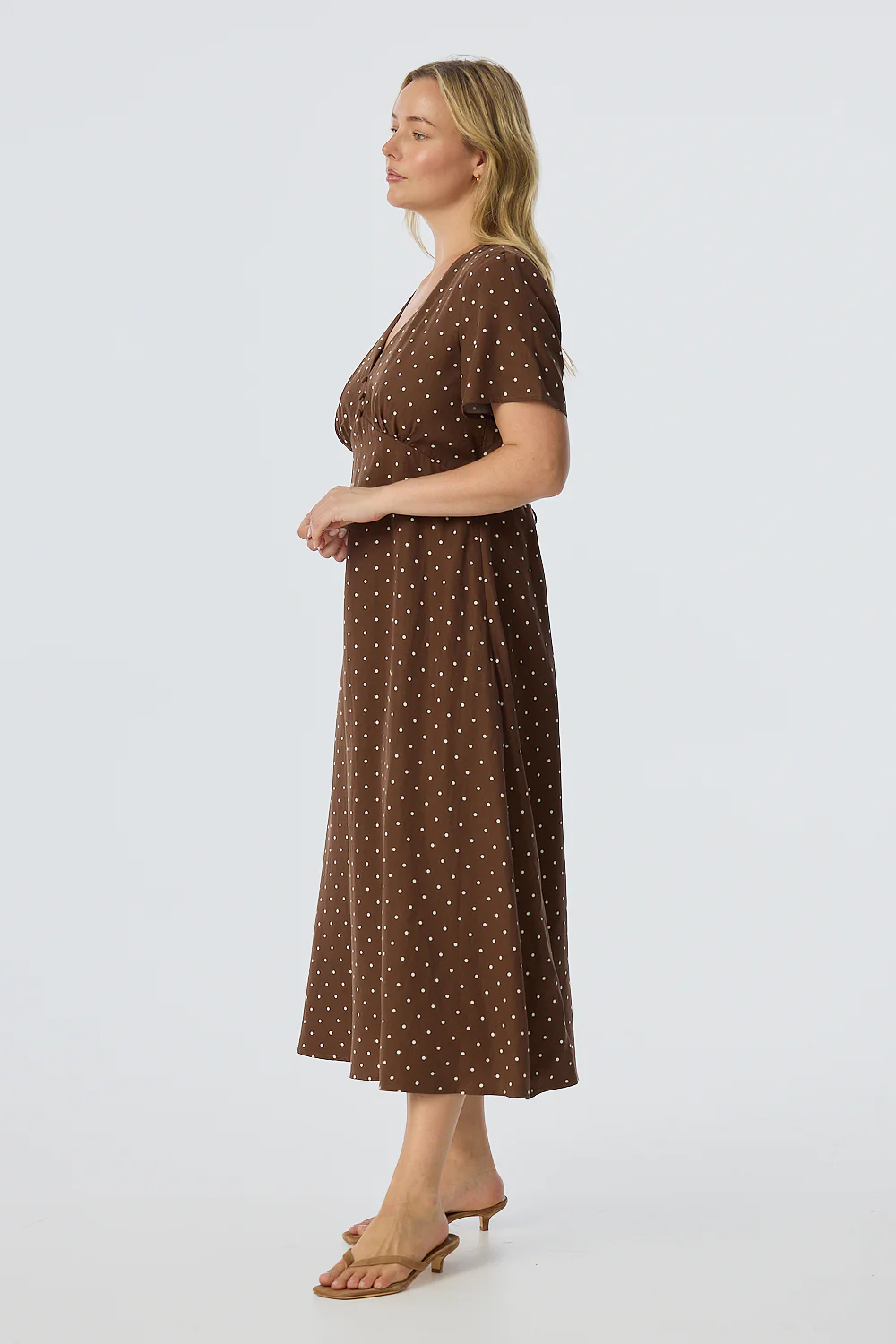 V Neck Short Sleeve Dress - Walnut/White Spot - Image 4