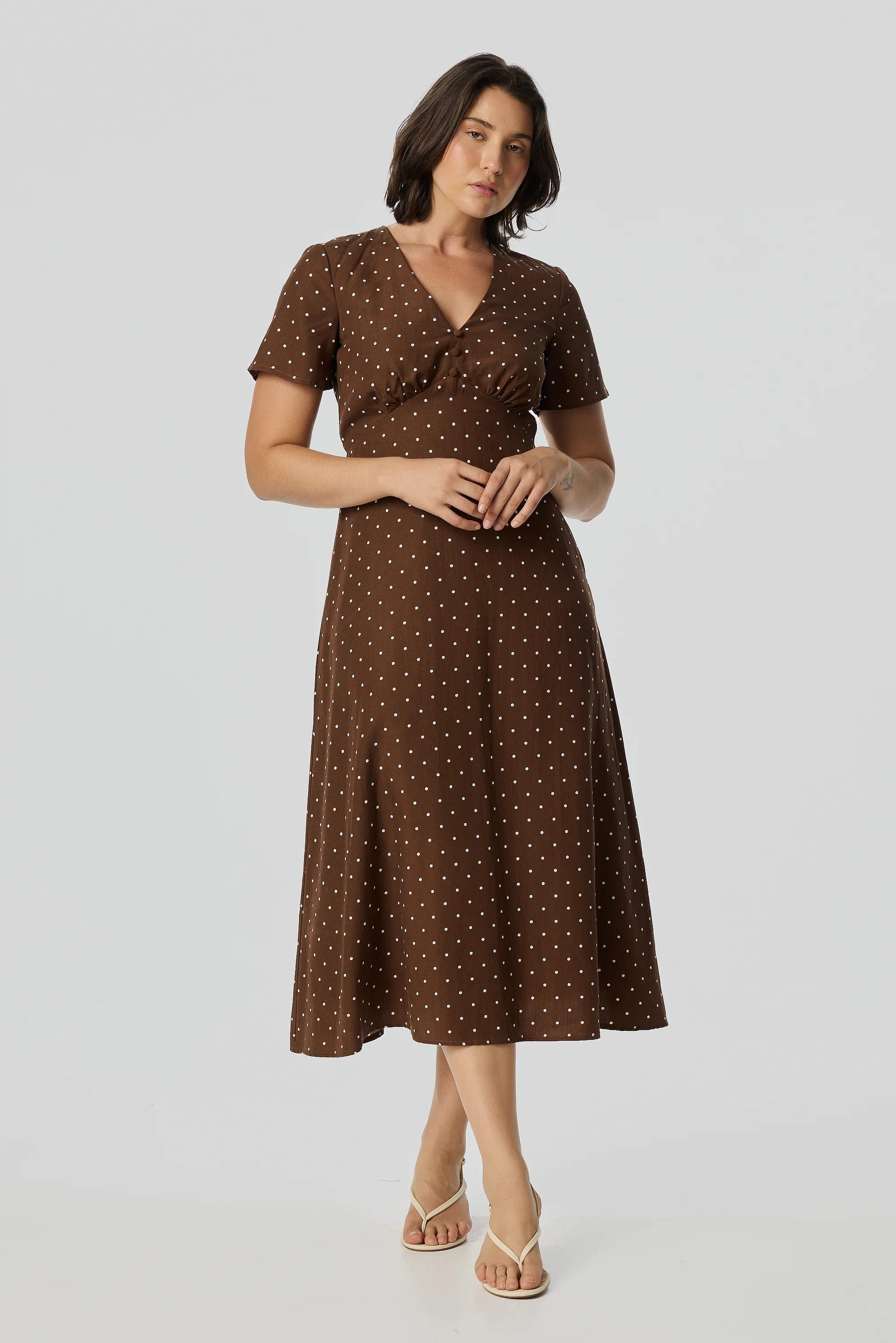 V Neck Short Sleeve Dress - Walnut/White Spot - Image 6