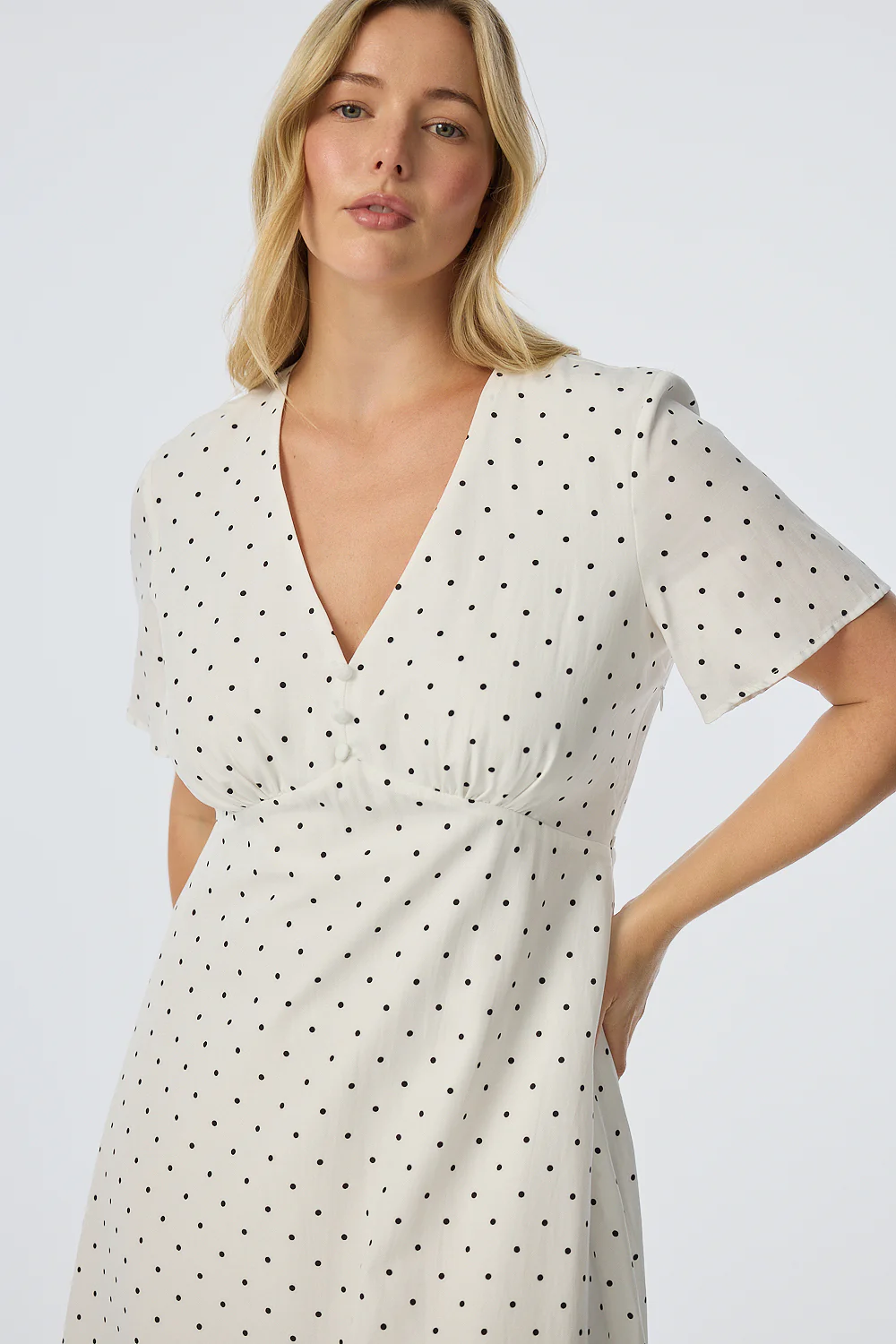 V Neck Short Sleeve Dress - White/Black Spot - Image 3