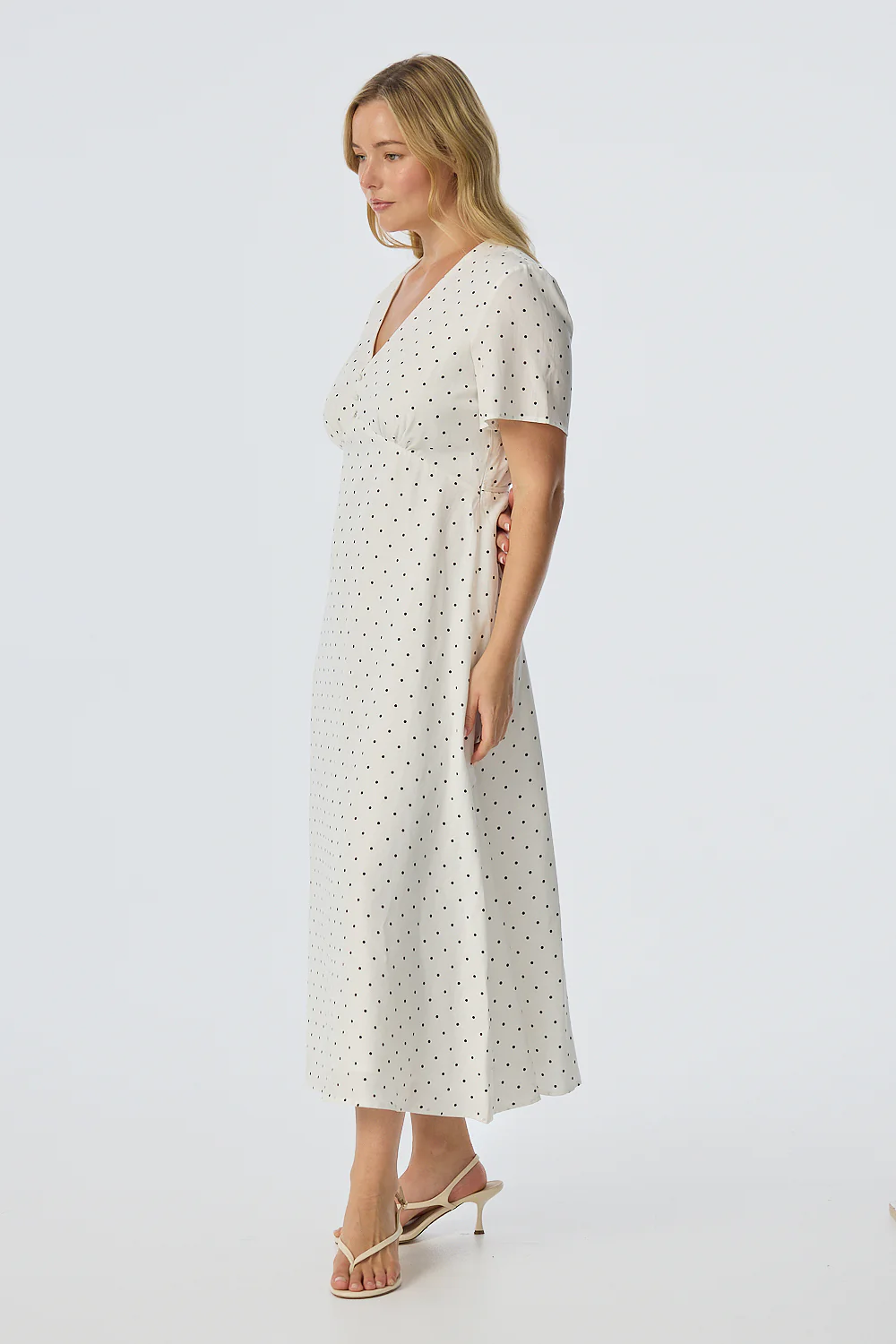 V Neck Short Sleeve Dress - White/Black Spot - Image 5