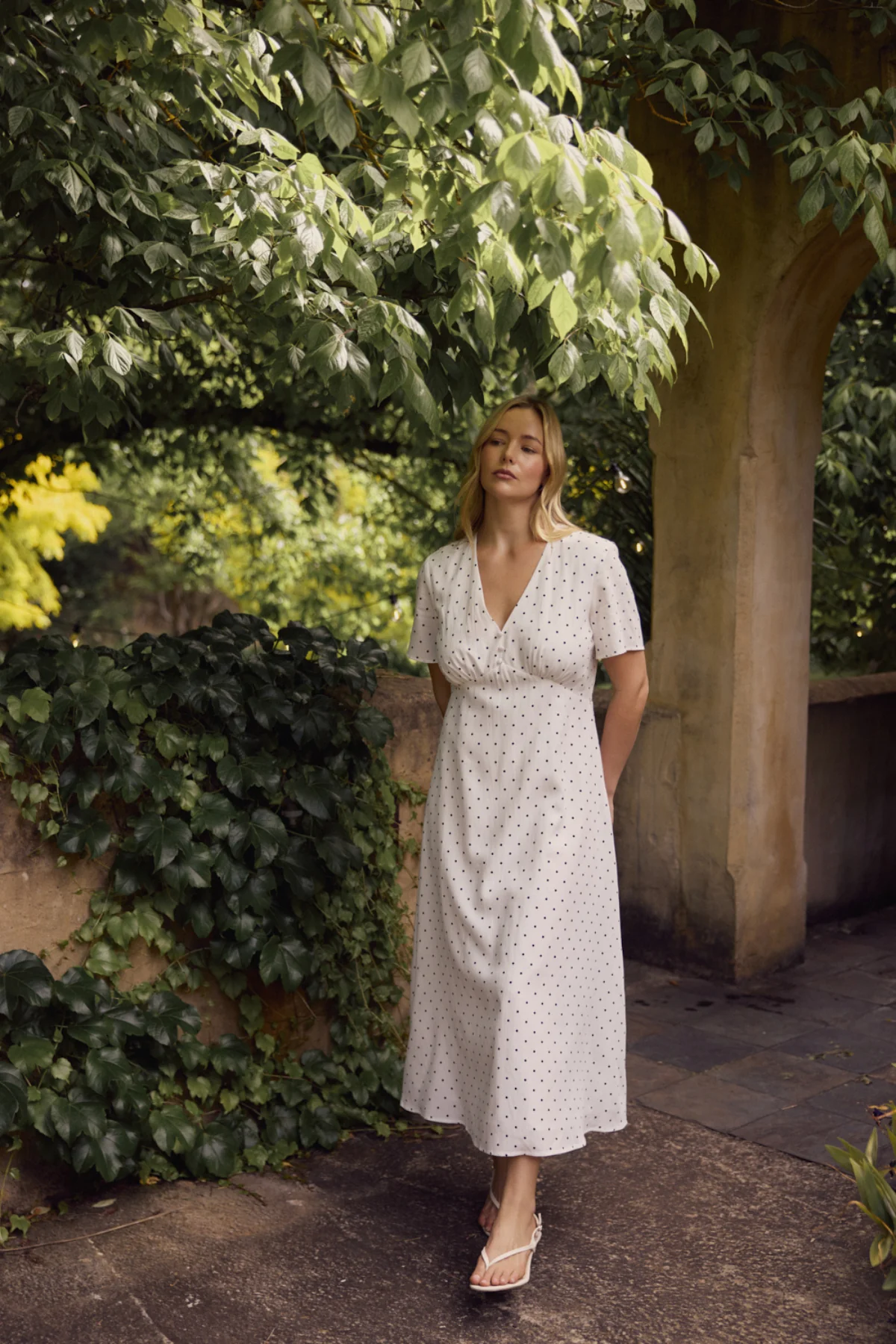 V Neck Short Sleeve Dress - White/Black Spot - Image 8