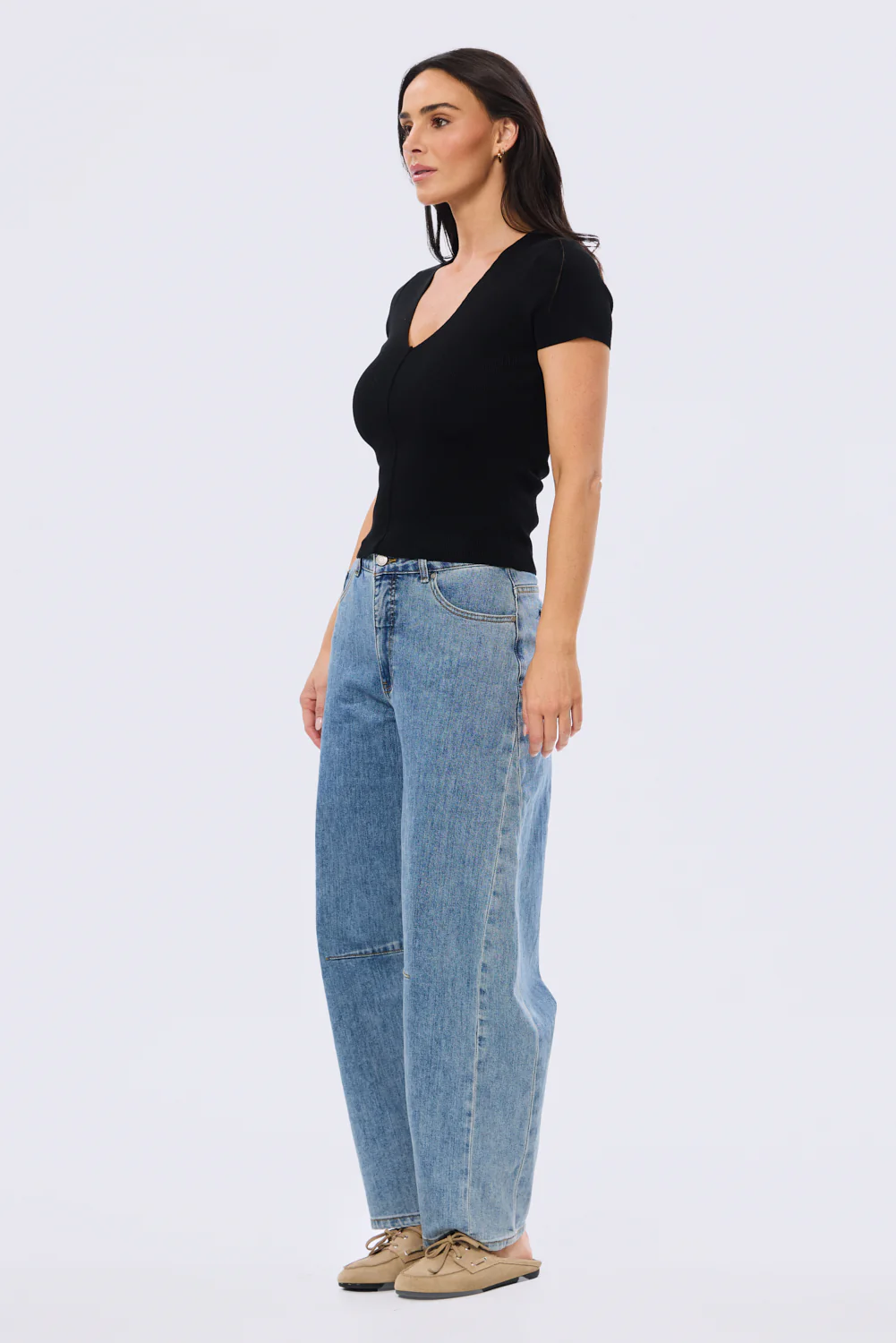V Neck Short Sleeve Knit Top - Black - Image 3