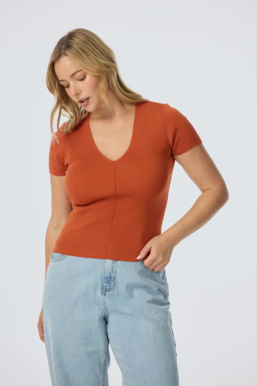 V Neck Short Sleeve Knit Top - Terracotta - Image 3