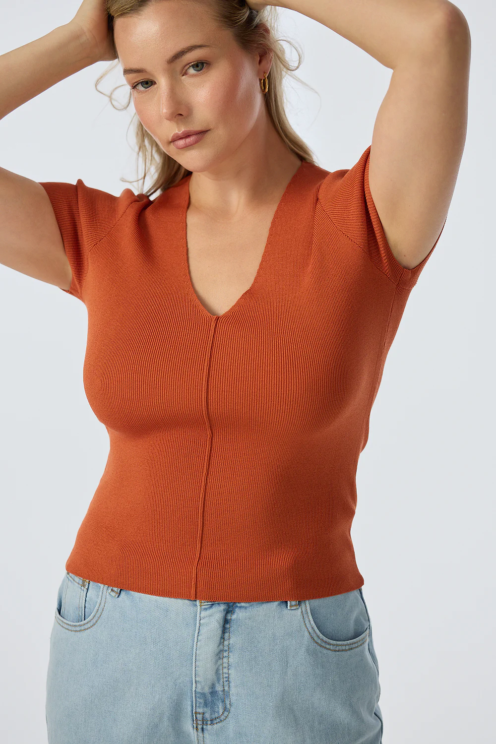 V Neck Short Sleeve Knit Top - Terracotta - Image 4