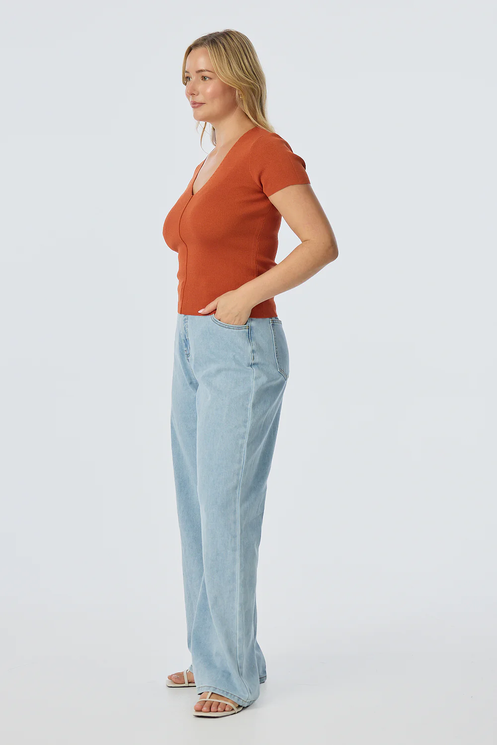 V Neck Short Sleeve Knit Top - Terracotta - Image 5