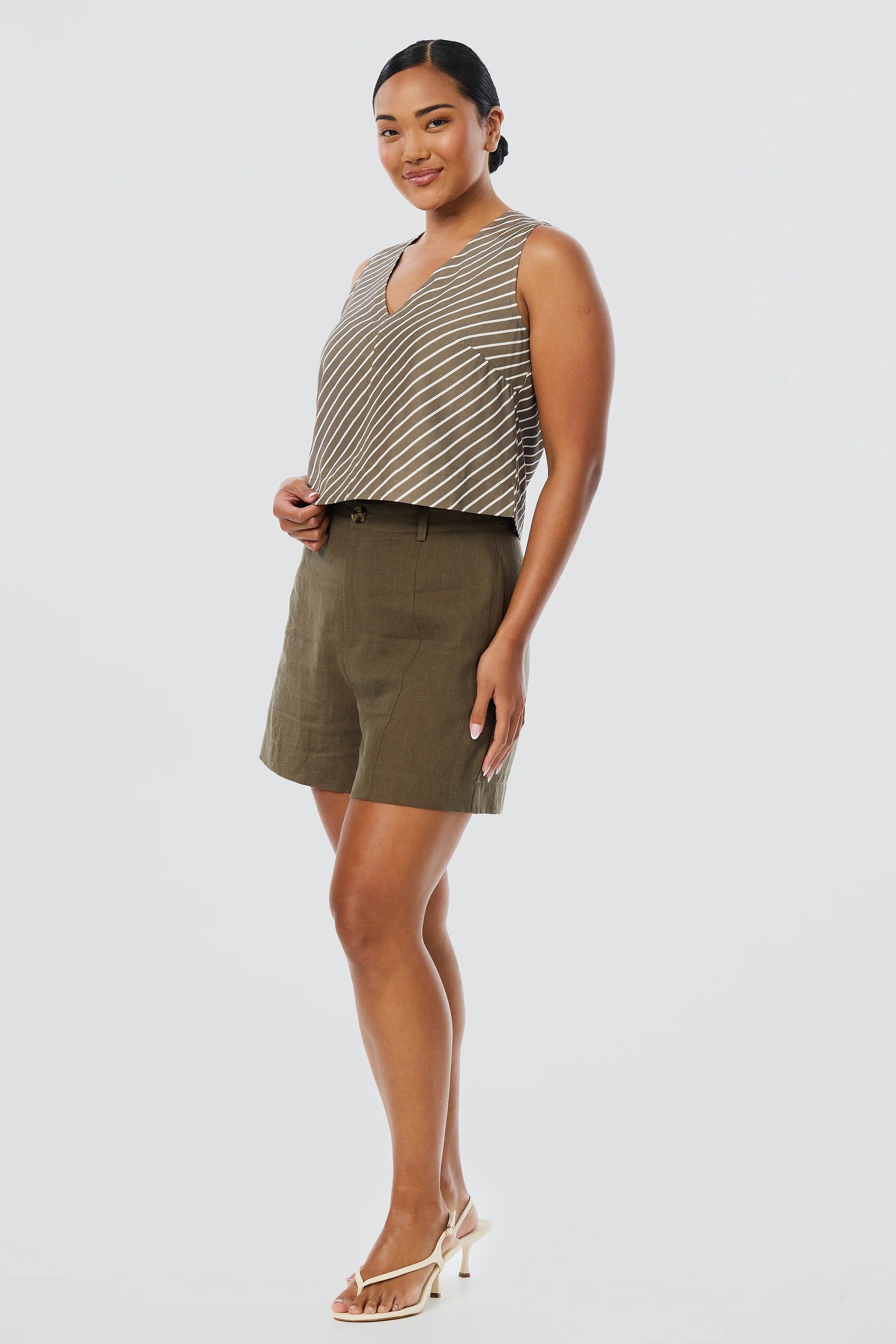 V Neck Topstitched Tank - Dark Olive Stripe - Image 3