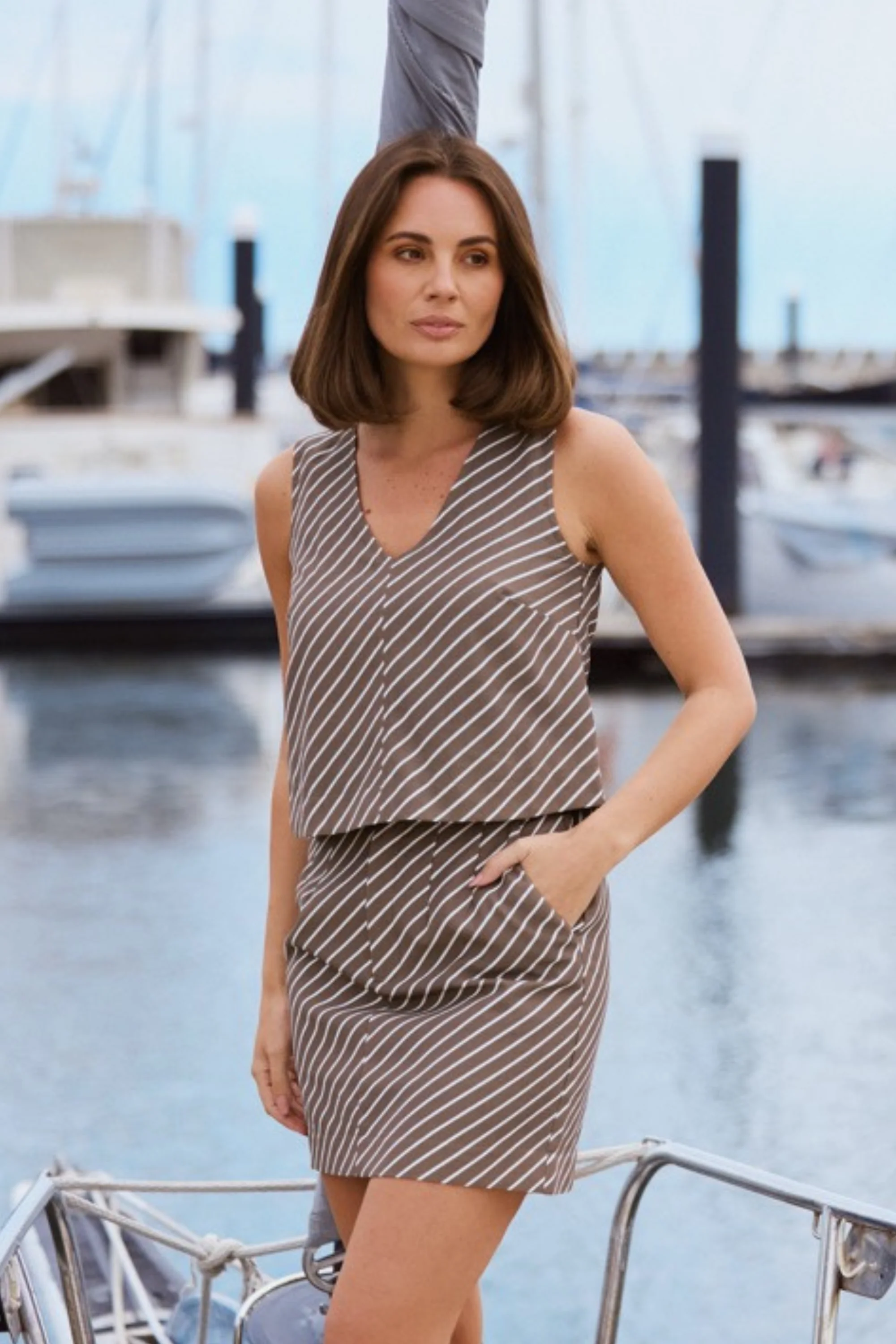 V Neck Topstitched Tank - Dark Olive Stripe - Image 5