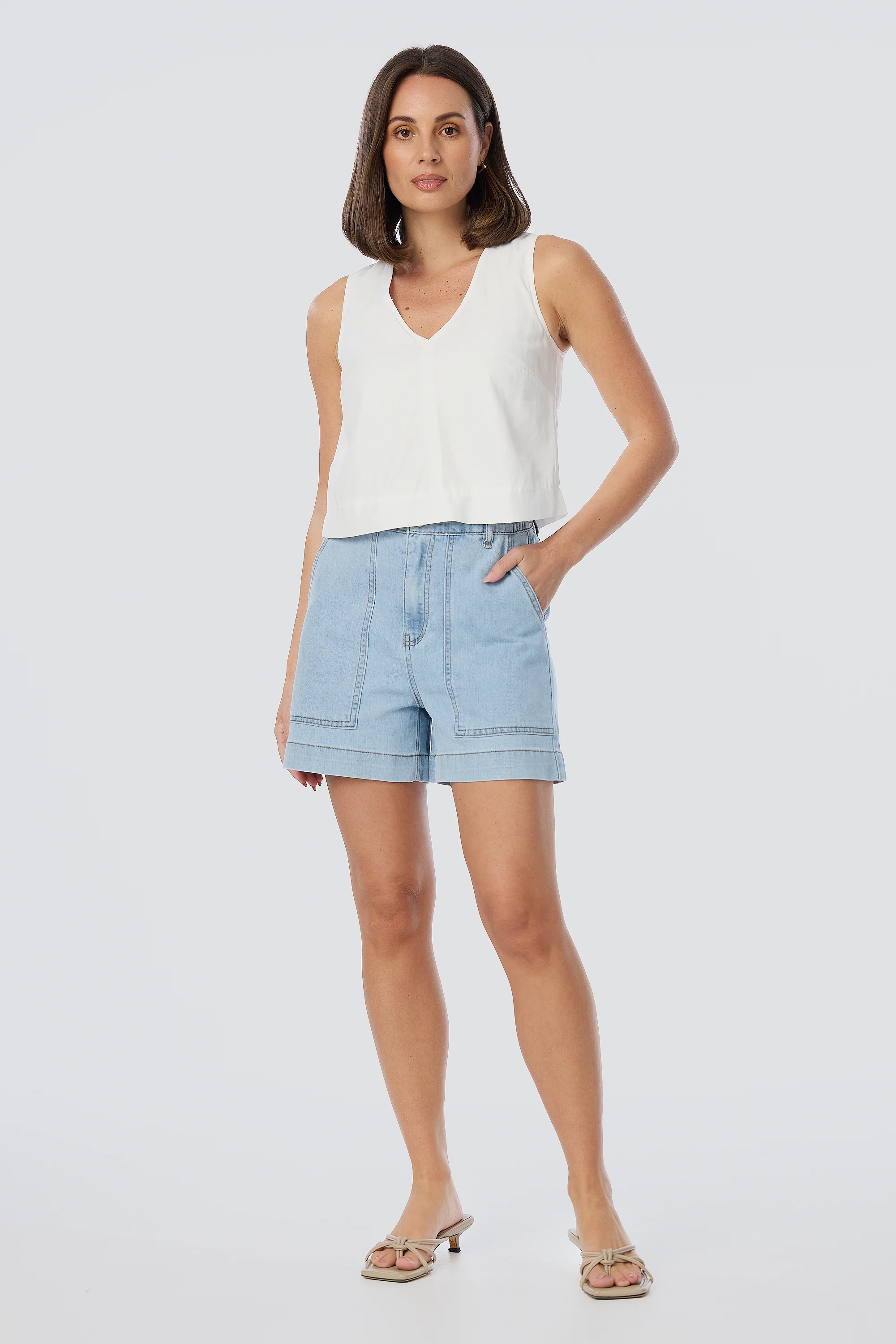 V Neck Topstitched Tank - White - Image 3