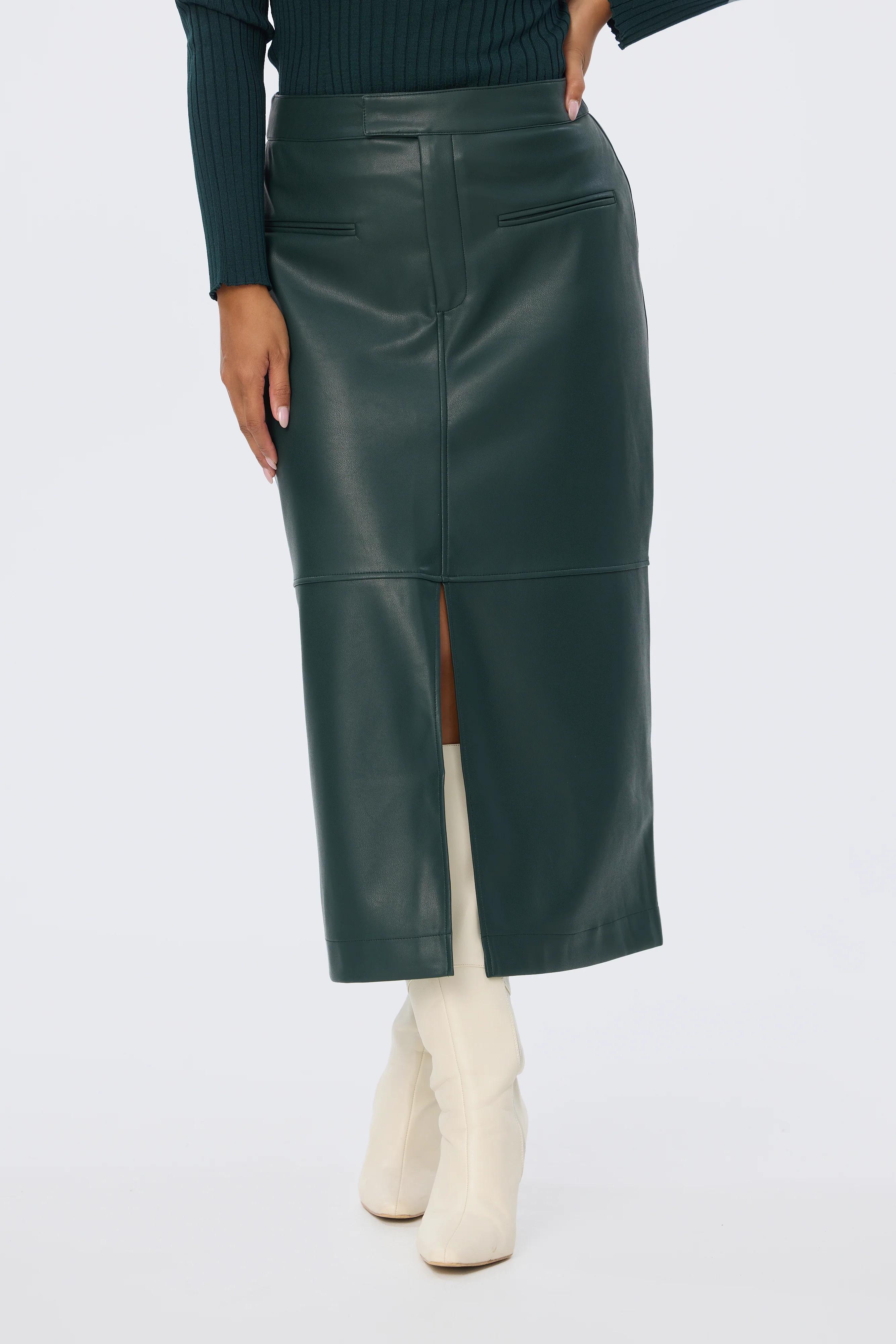 Vegan Leather Straight Midi Skirt - Emerald - Image 2