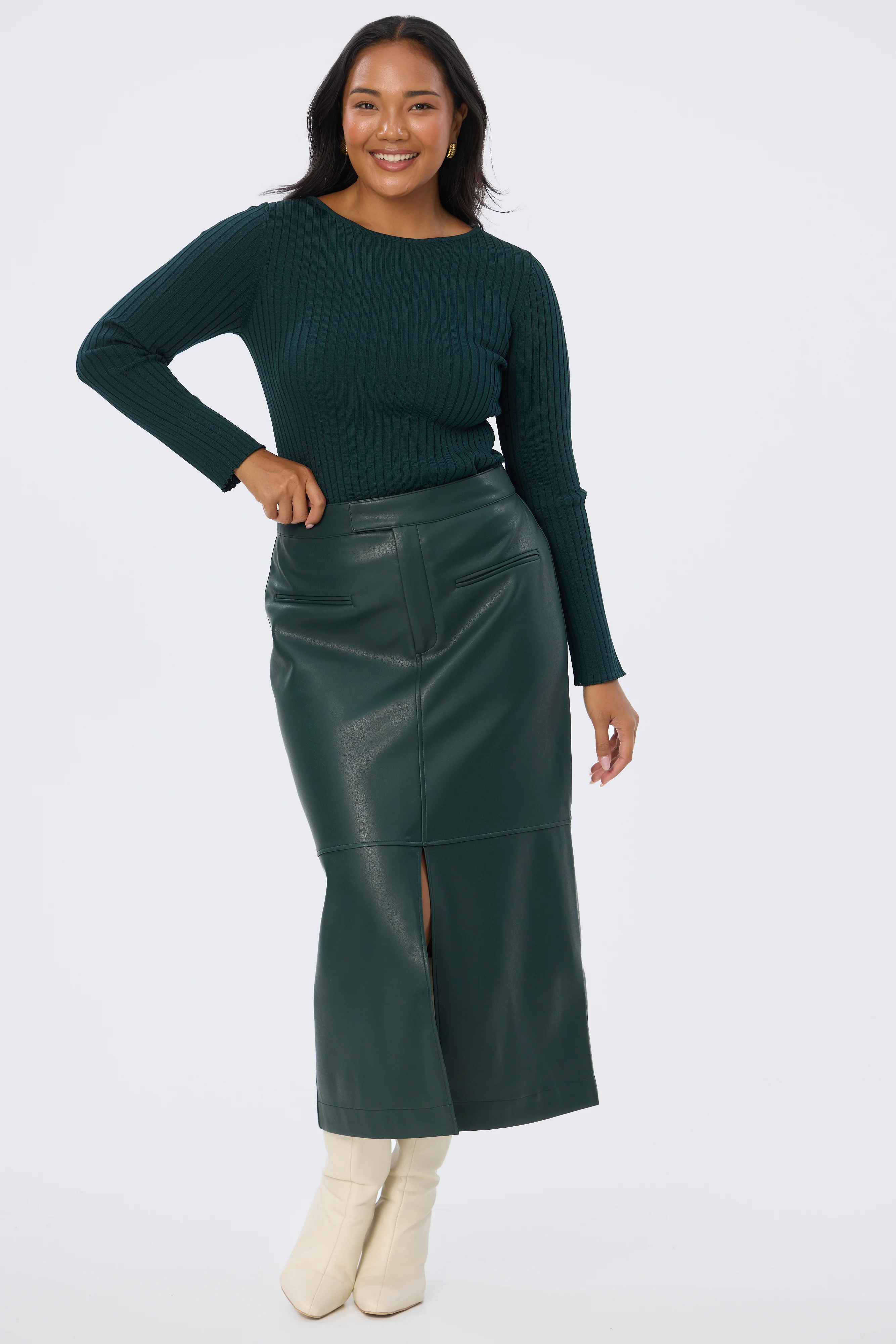 Vegan Leather Straight Midi Skirt - Emerald - Image 3