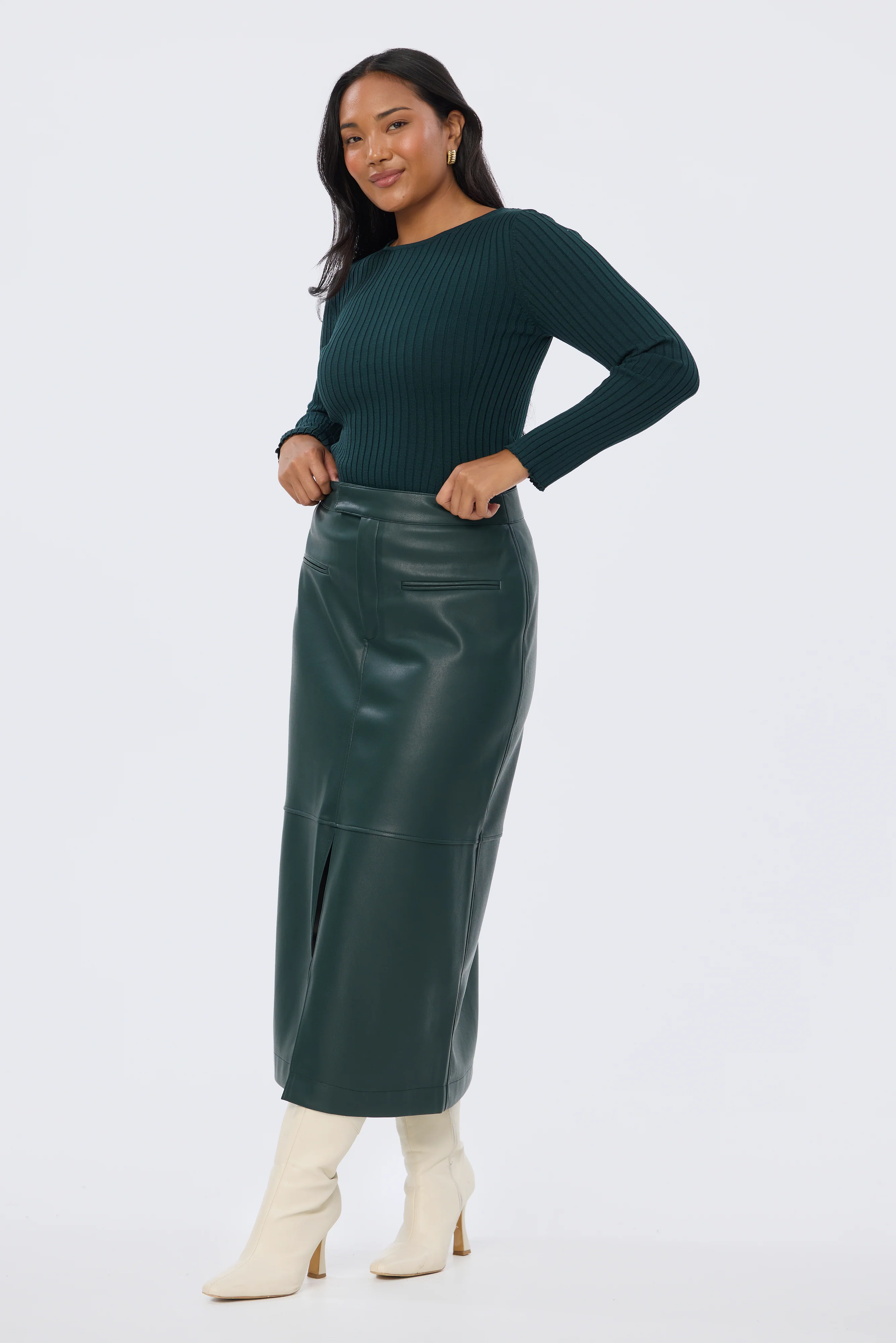 Vegan Leather Straight Midi Skirt - Emerald - Image 4
