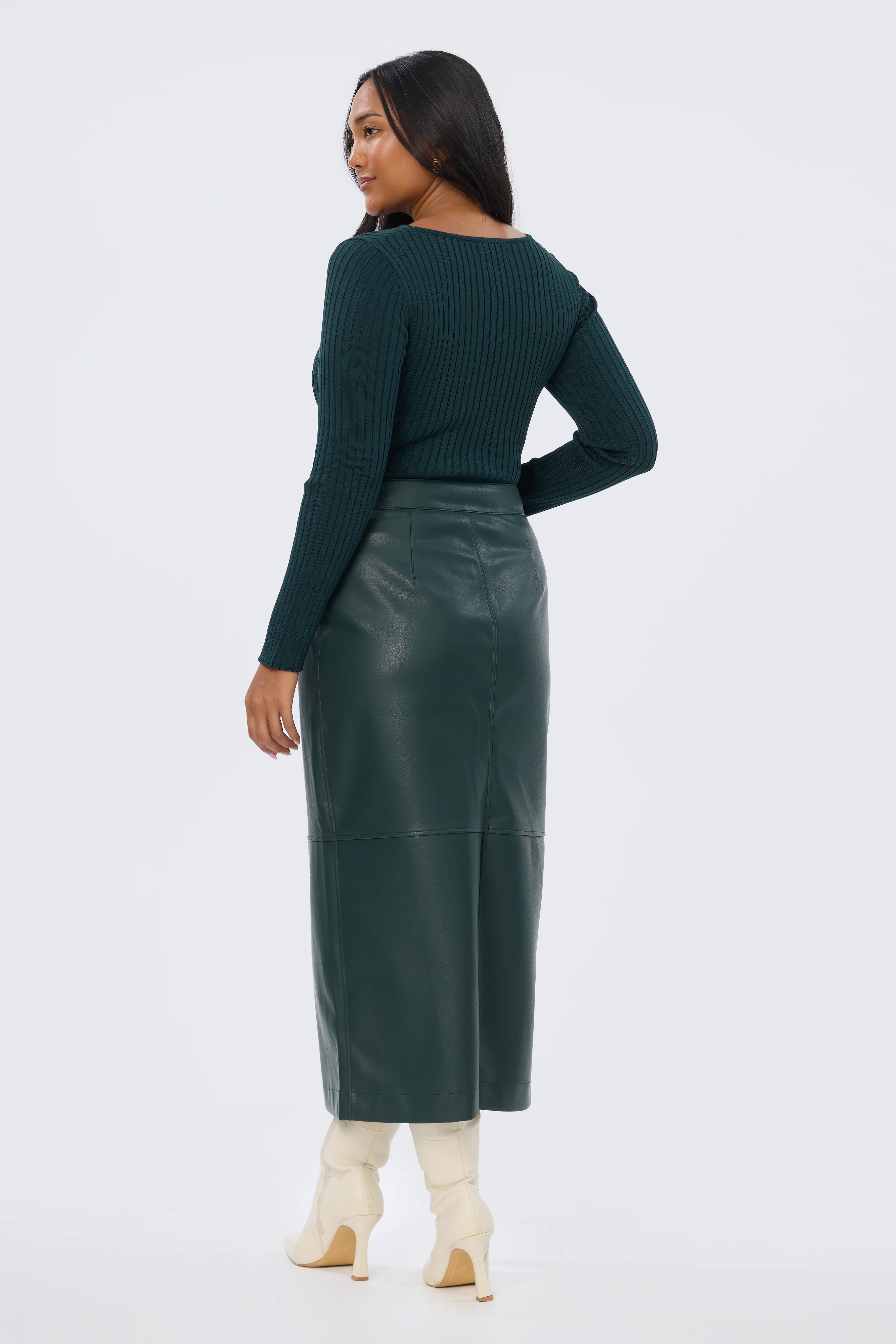 Vegan Leather Straight Midi Skirt - Emerald - Image 5