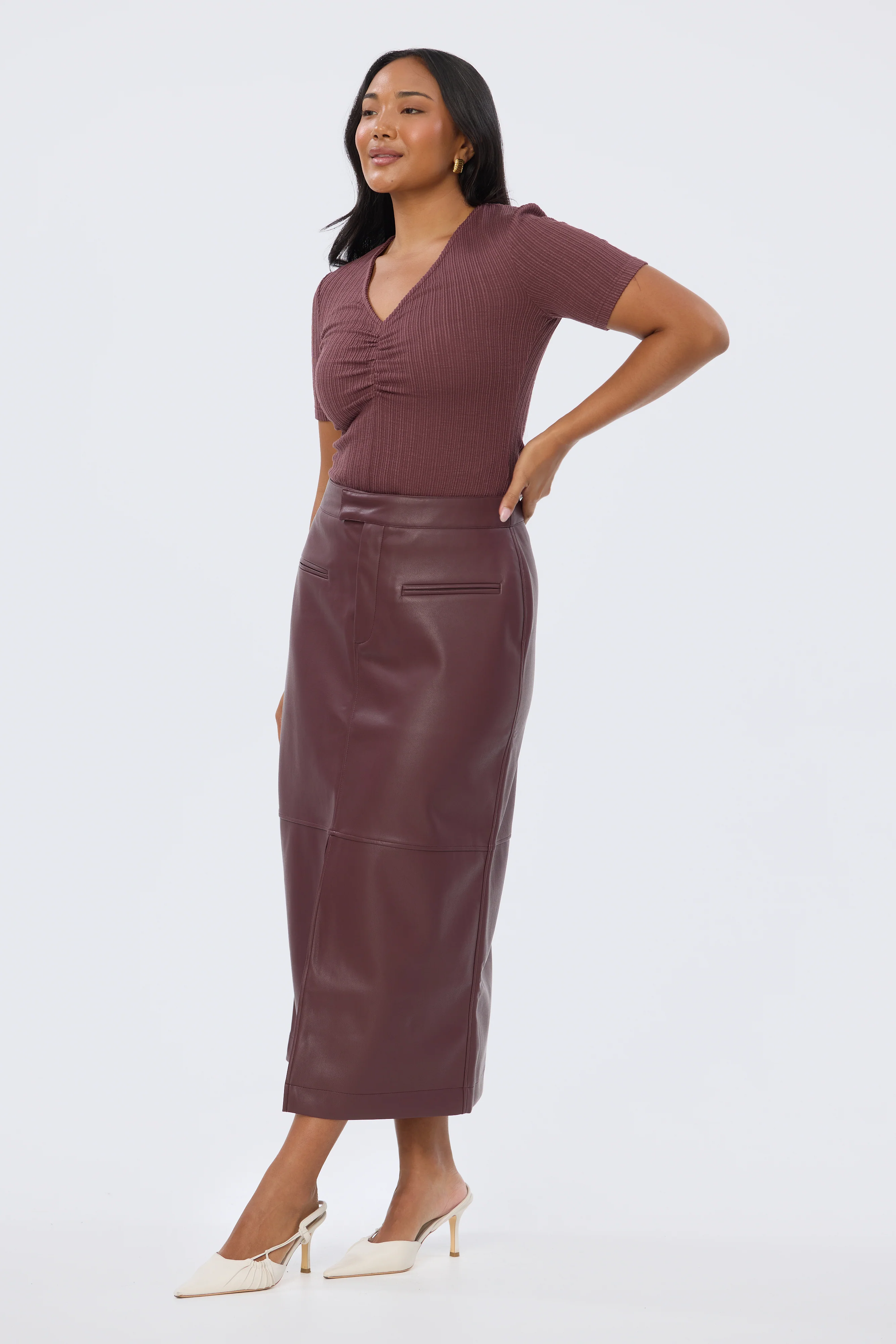 Vegan Leather Straight Midi Skirt - Fig