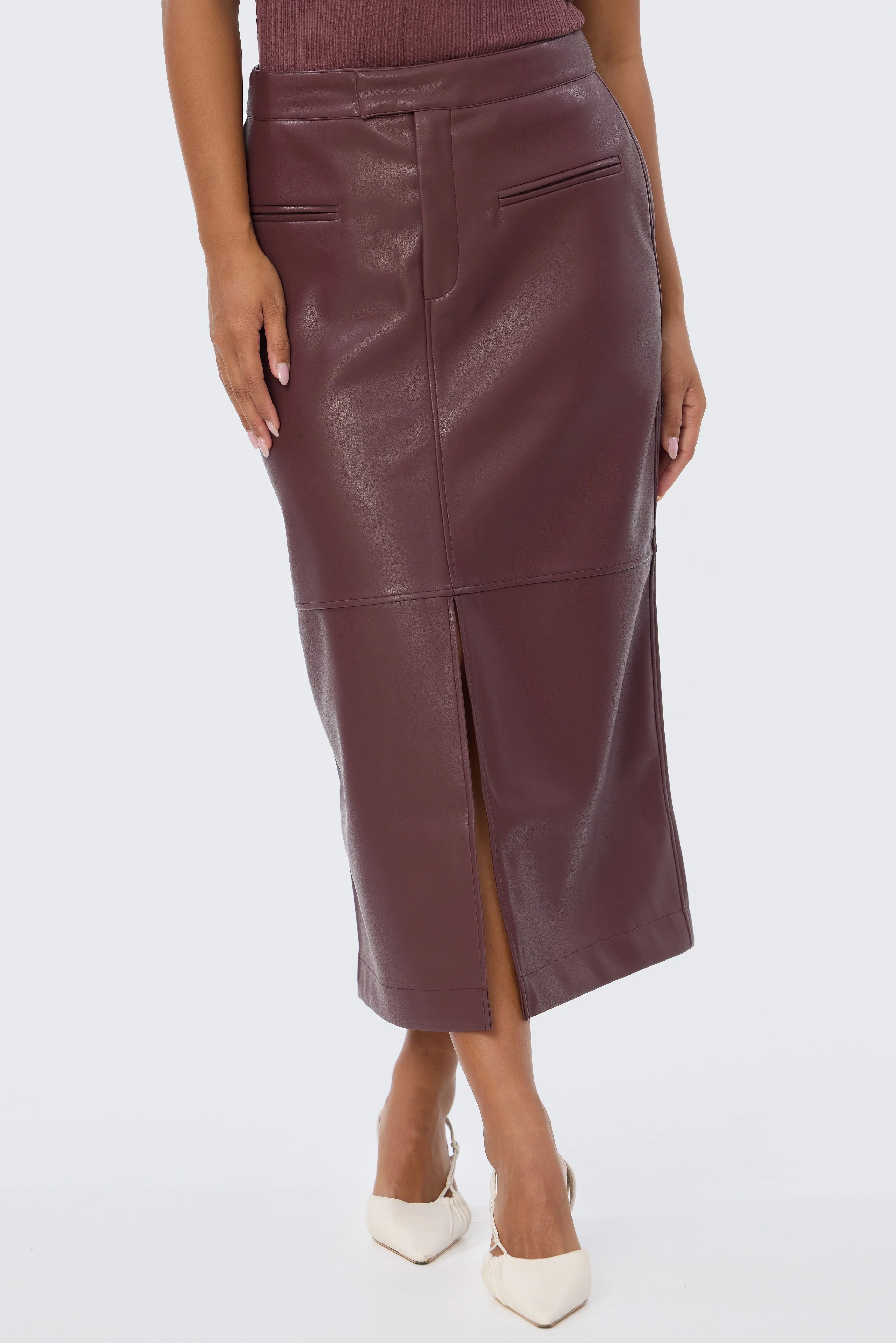 Vegan Leather Straight Midi Skirt - Fig - Image 2