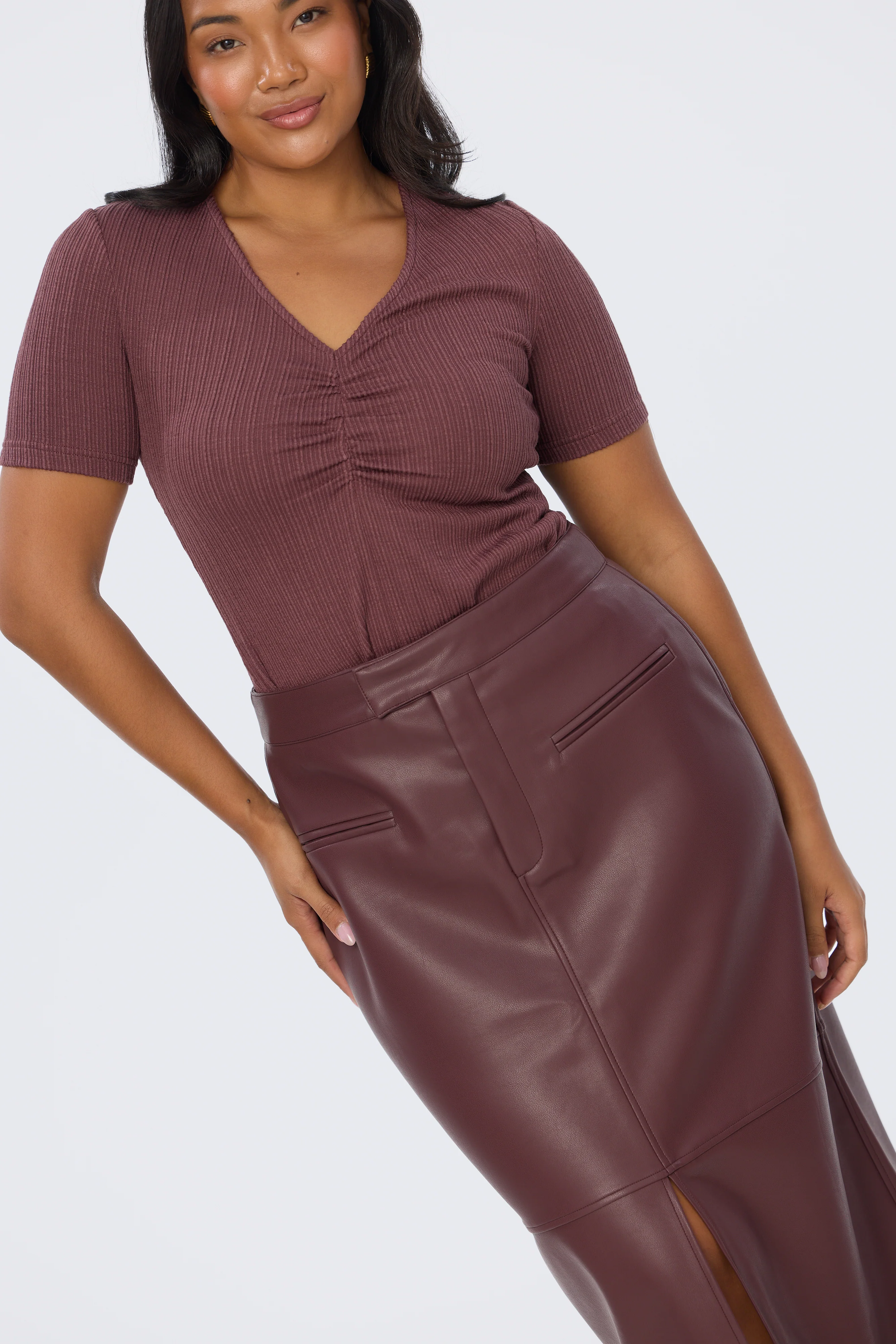 Vegan Leather Straight Midi Skirt - Fig - Image 3