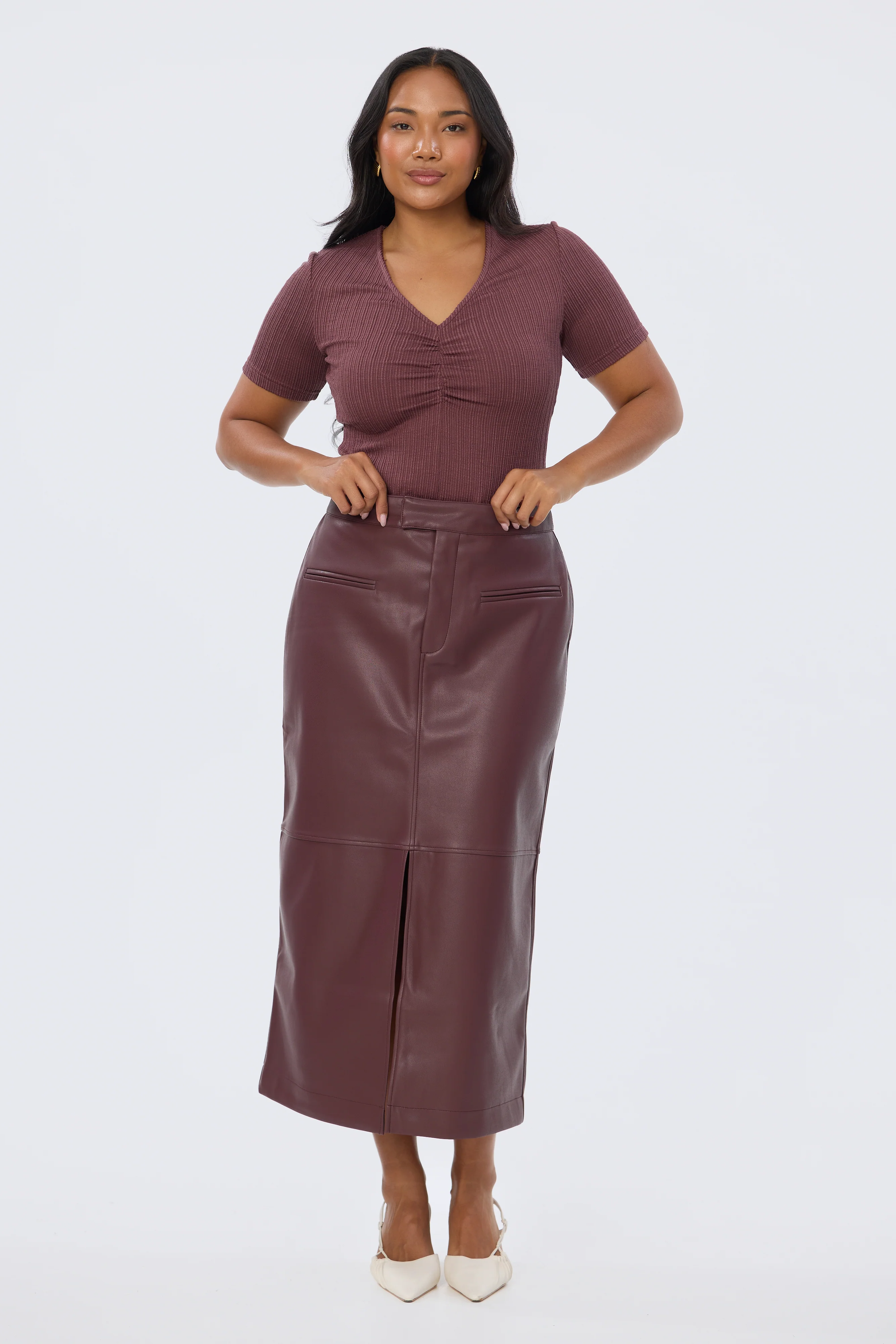 Vegan Leather Straight Midi Skirt - Fig - Image 4