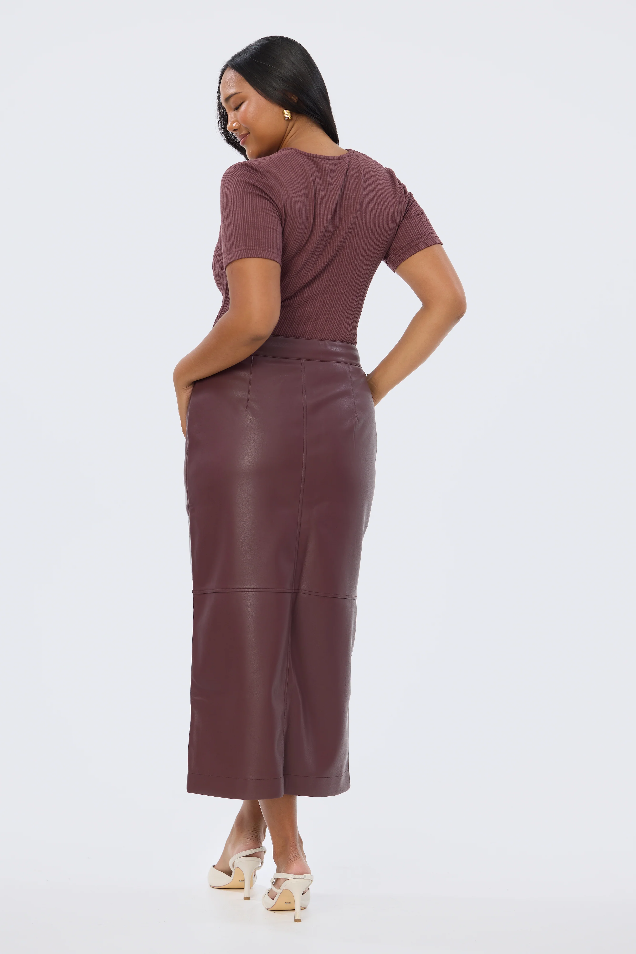 Vegan Leather Straight Midi Skirt - Fig - Image 5