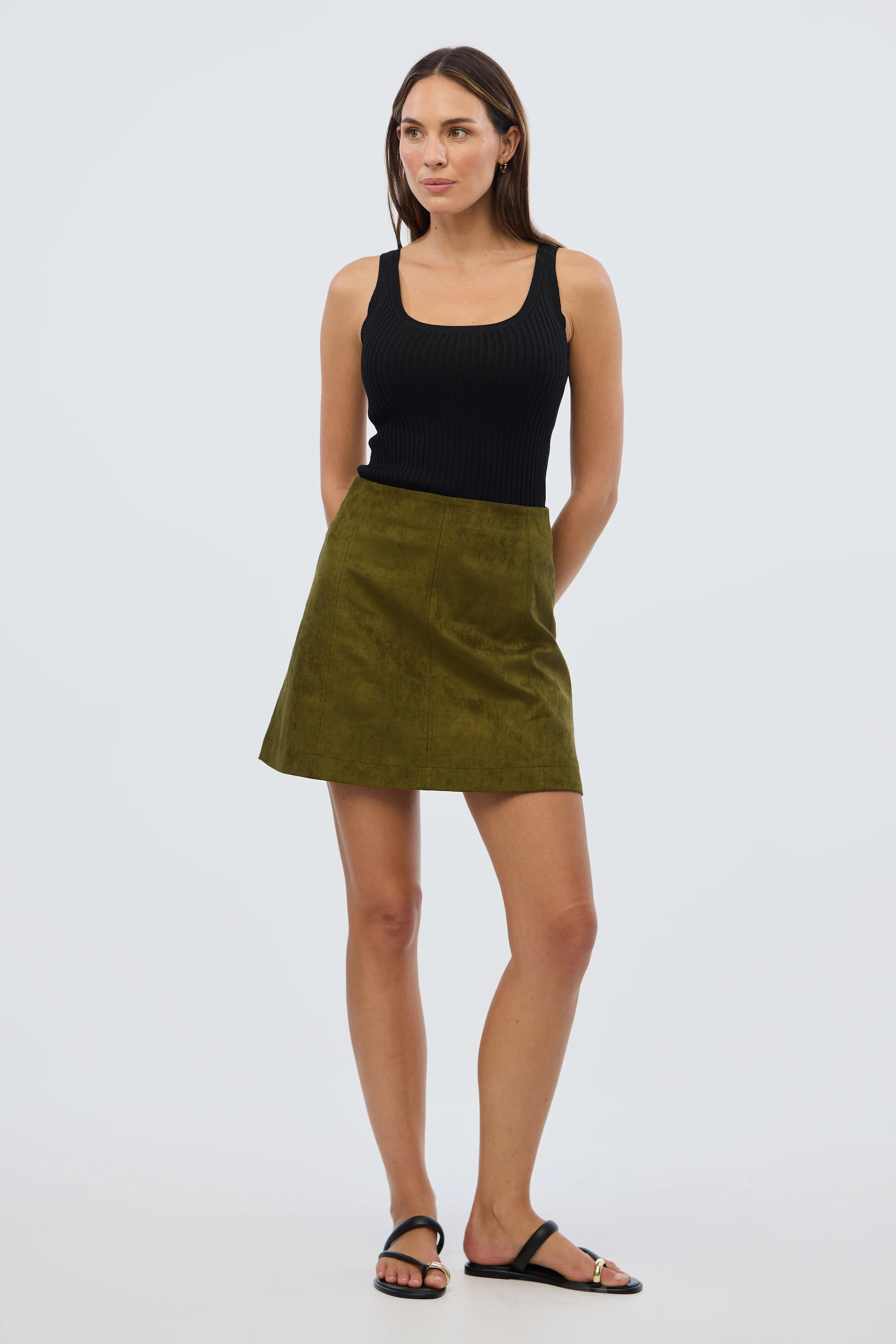 Vegan Suede Mini Skirt - Khaki - Image 3